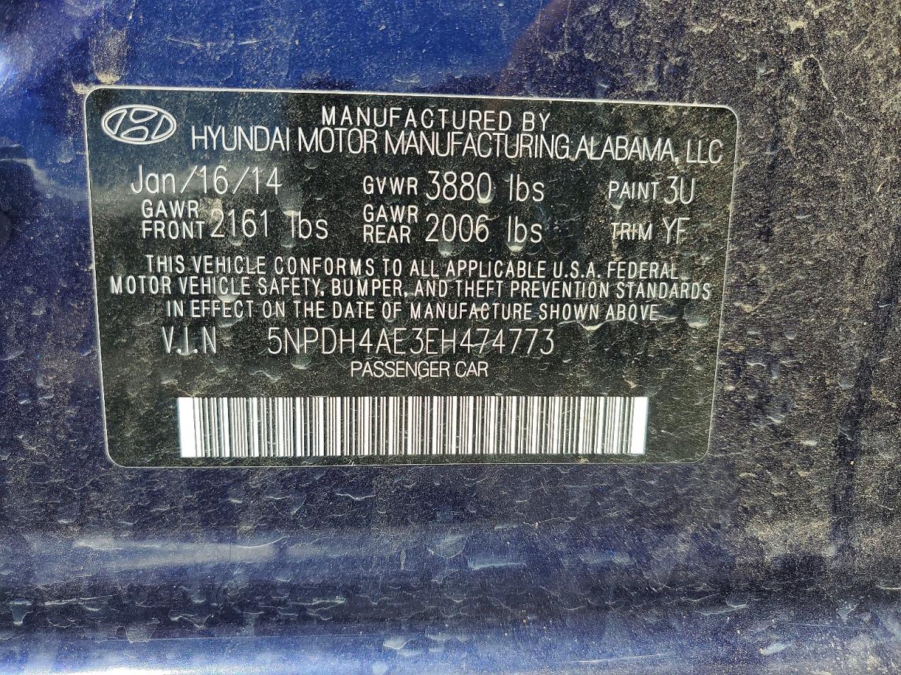 2014 Hyundai Elantra Se Blue vin: 5NPDH4AE3EH474773
