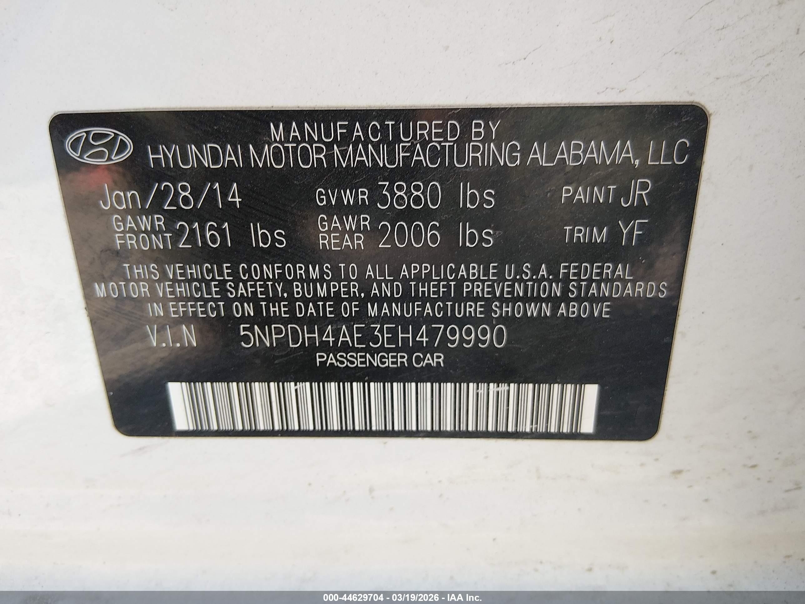 2014 Hyundai Elantra Se White vin: 5NPDH4AE3EH479990