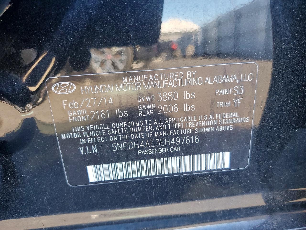 2014 Hyundai Elantra Black vin: 5NPDH4AE3EH497616
