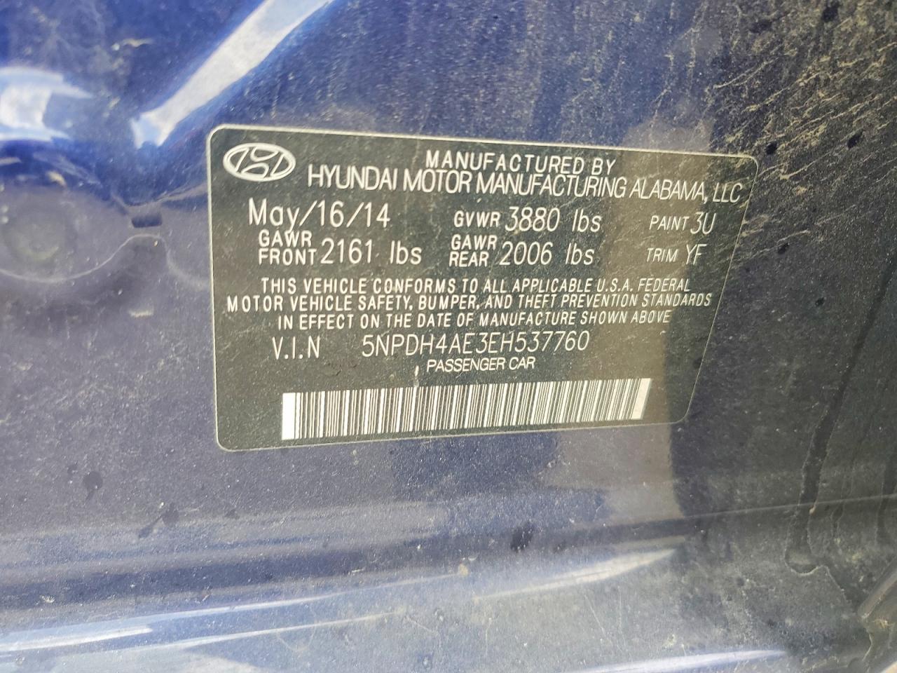 2014 Hyundai Elantra Se Синий vin: 5NPDH4AE3EH537760