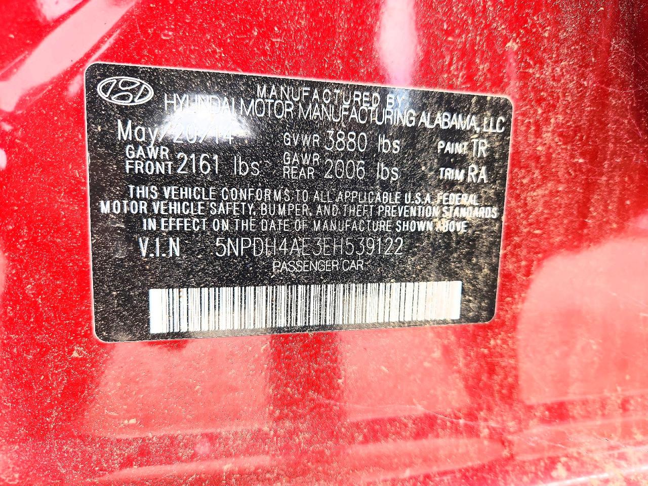 2014 Hyundai Elantra Se Red vin: 5NPDH4AE3EH539122