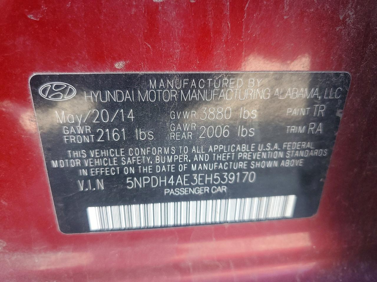2014 Hyundai Elantra Se Red vin: 5NPDH4AE3EH539170