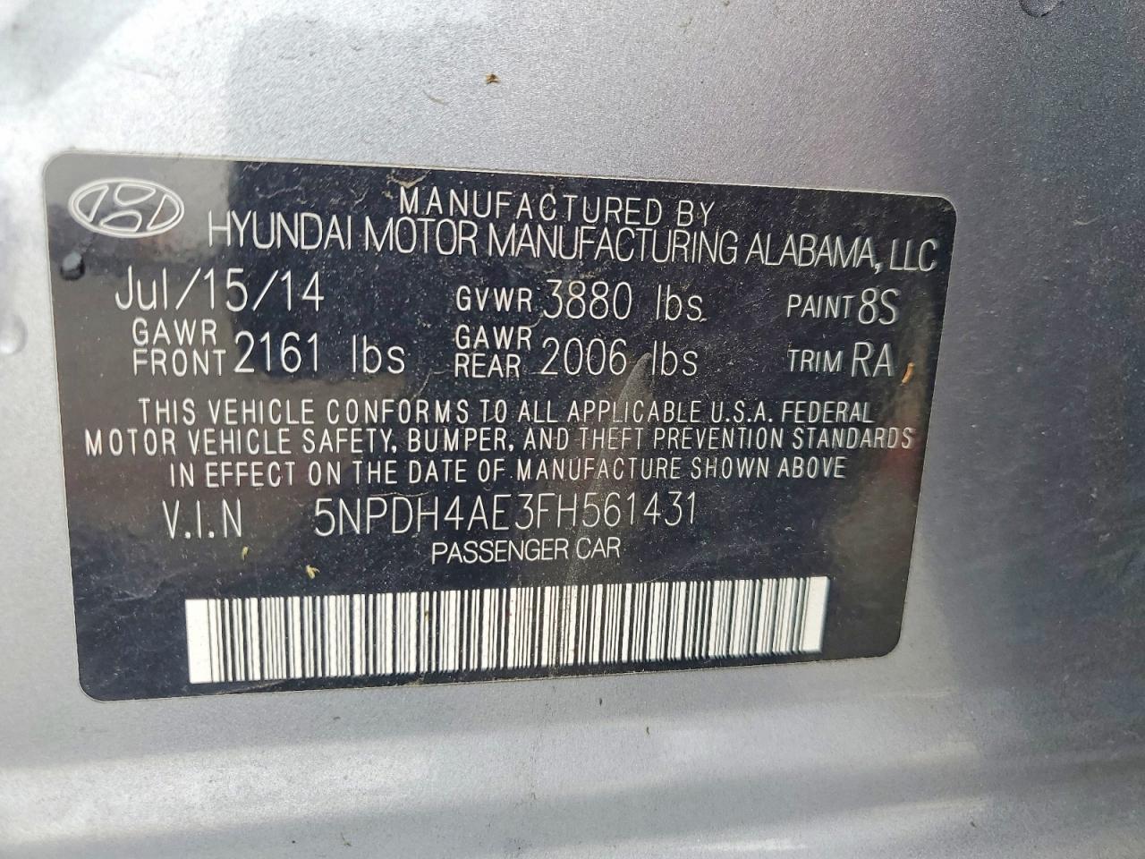 2015 Hyundai Elantra Se Gray vin: 5NPDH4AE3FH561431