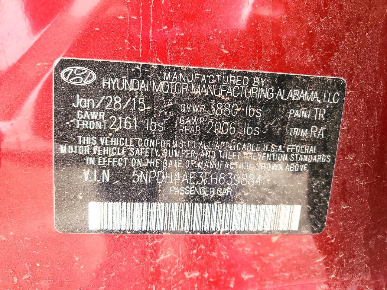 2015 Hyundai Elantra Se Red vin: 5NPDH4AE3FH639884