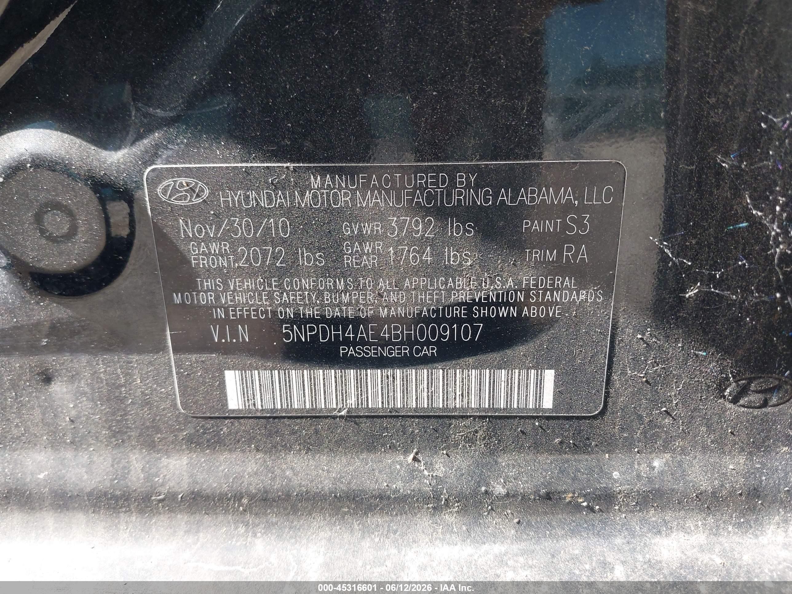 2011 Hyundai Elantra Gls Black vin: 5NPDH4AE4BH009107
