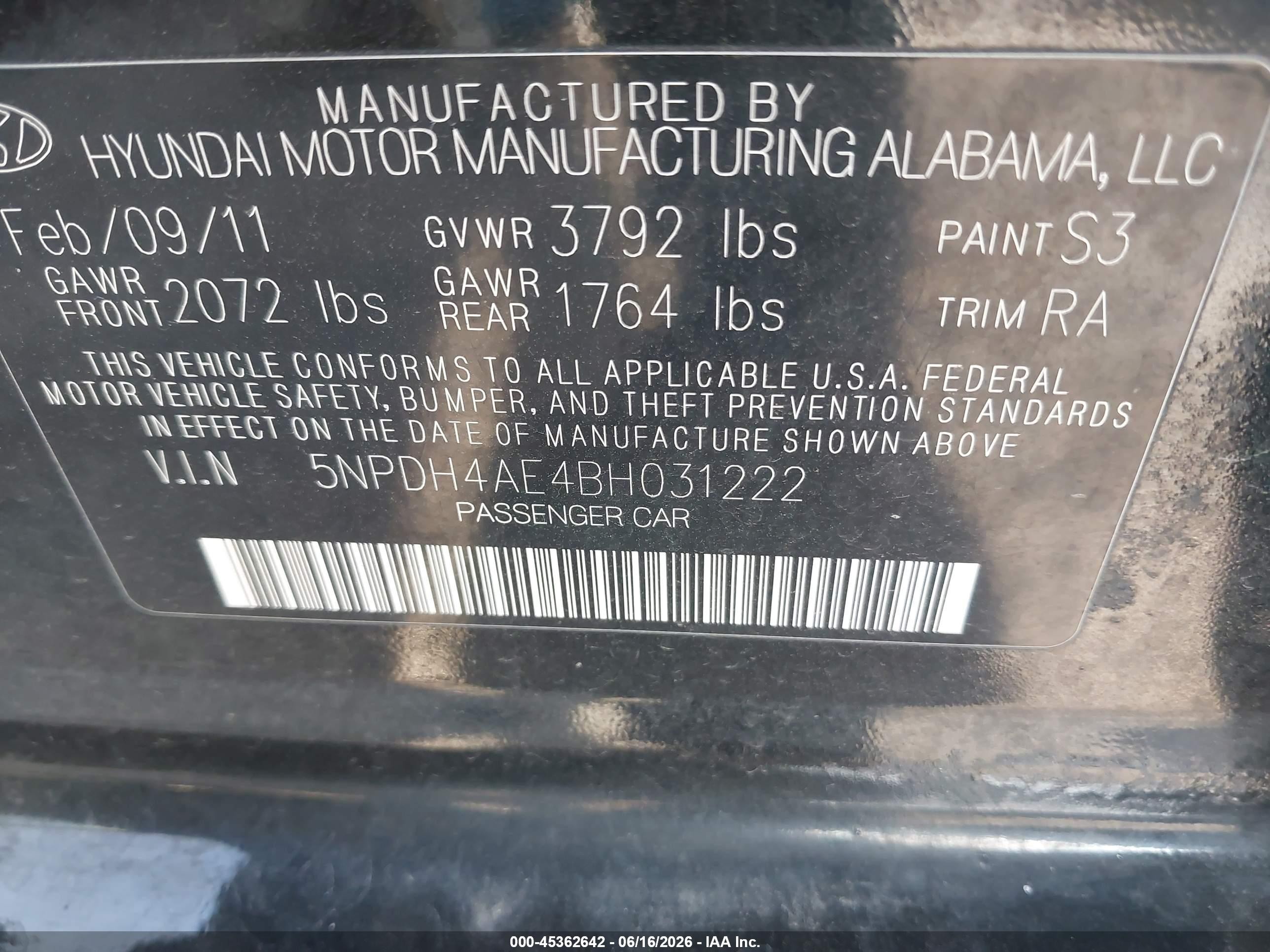 2011 Hyundai Elantra Gls Black vin: 5NPDH4AE4BH031222