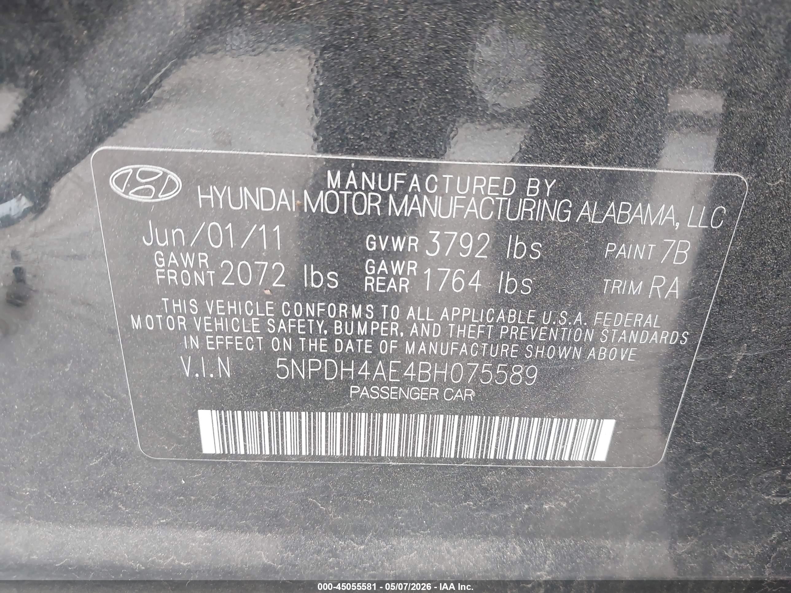 2011 Hyundai Elantra Limited Black vin: 5NPDH4AE4BH075589