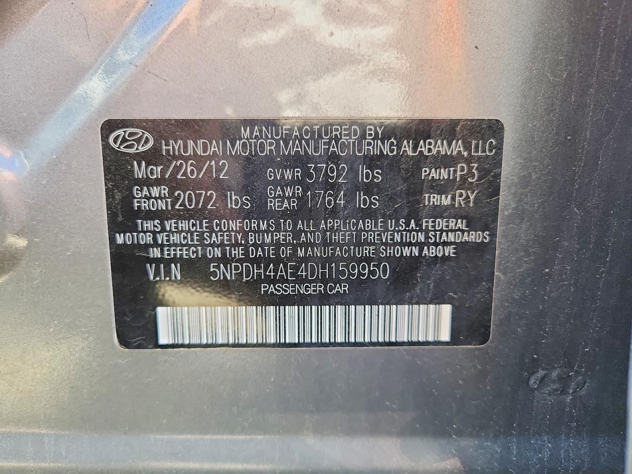 2013 Hyundai Elantra Limited Gray vin: 5NPDH4AE4DH159950