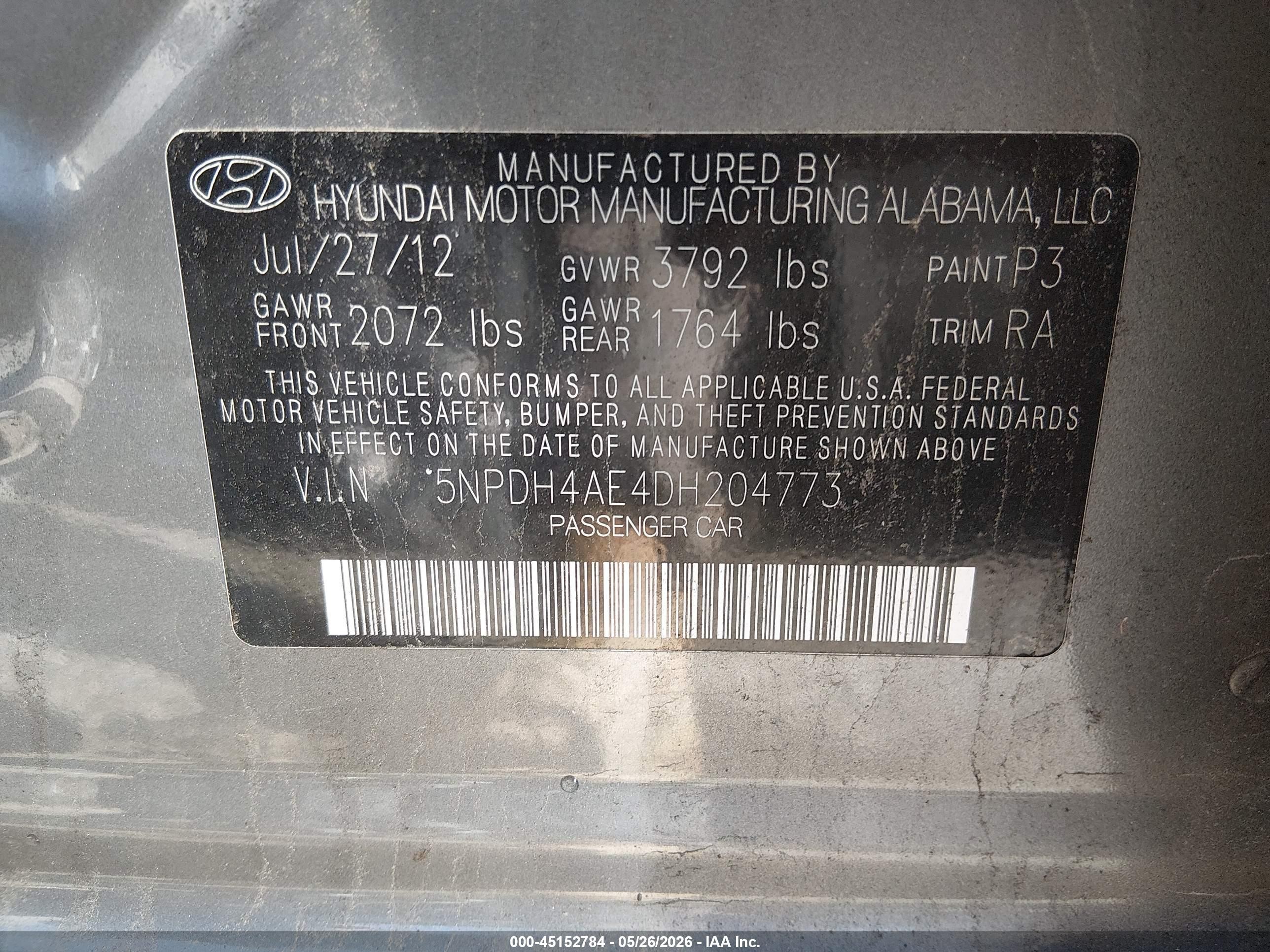 2013 Hyundai Elantra Limited Серый vin: 5NPDH4AE4DH204773