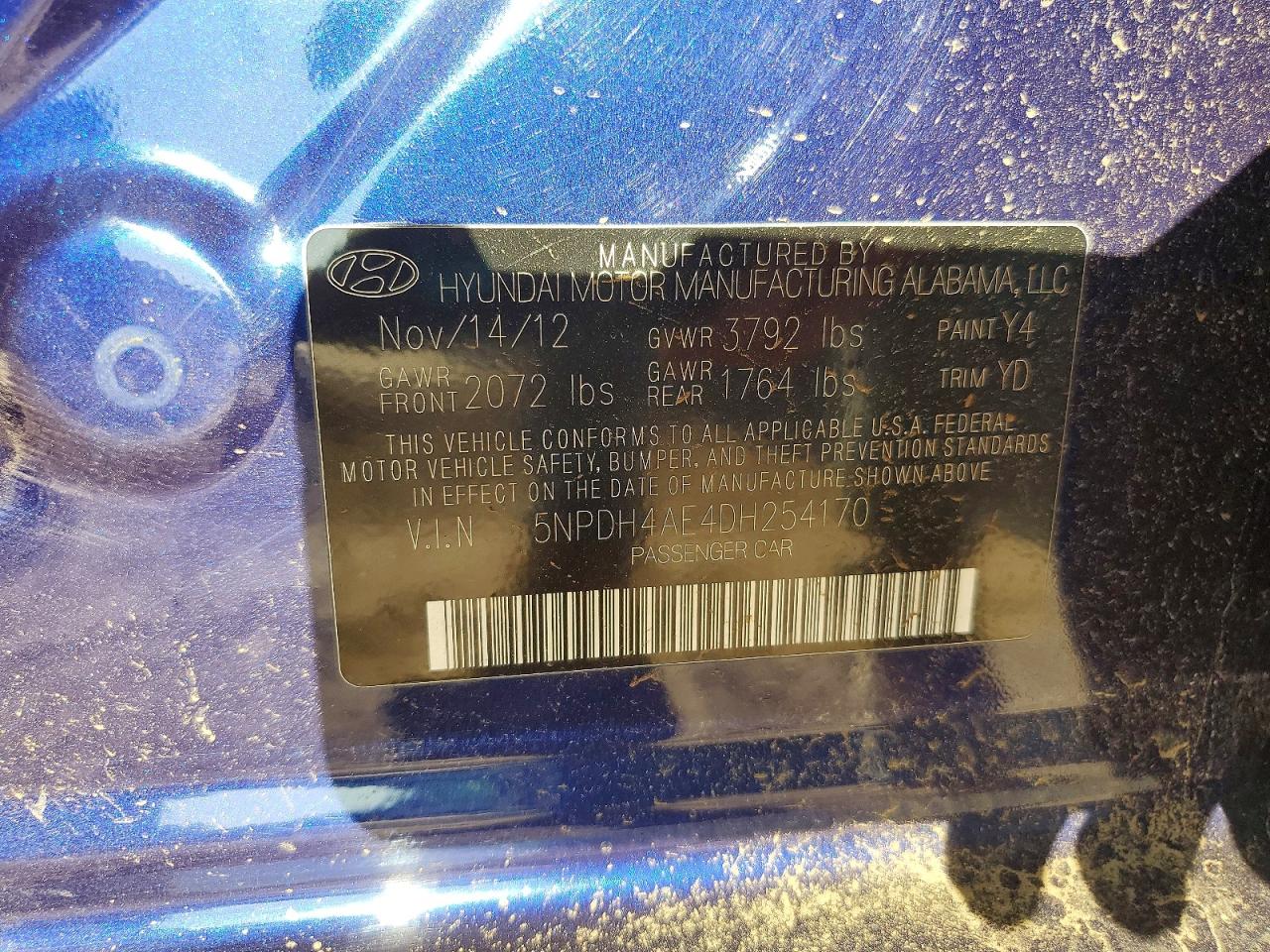2013 Hyundai Elantra Limited Blue vin: 5NPDH4AE4DH254170