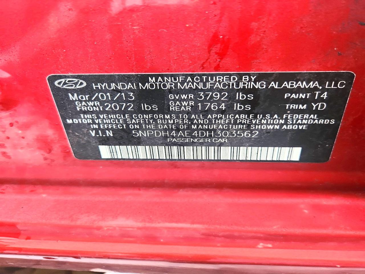2013 Hyundai Elantra Gls Red vin: 5NPDH4AE4DH303562