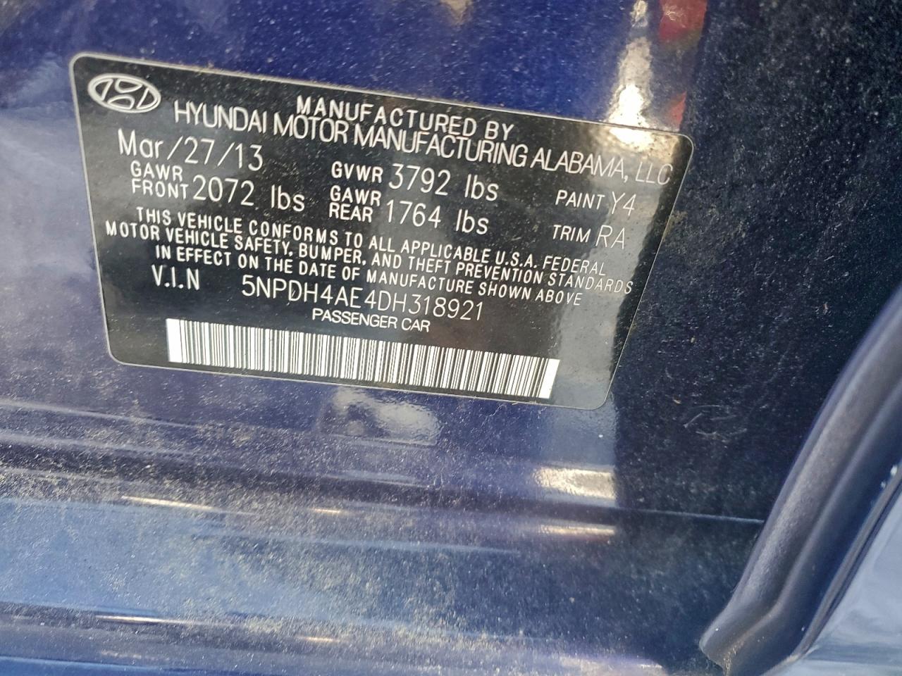 2013 Hyundai Elantra Gls Blue vin: 5NPDH4AE4DH318921