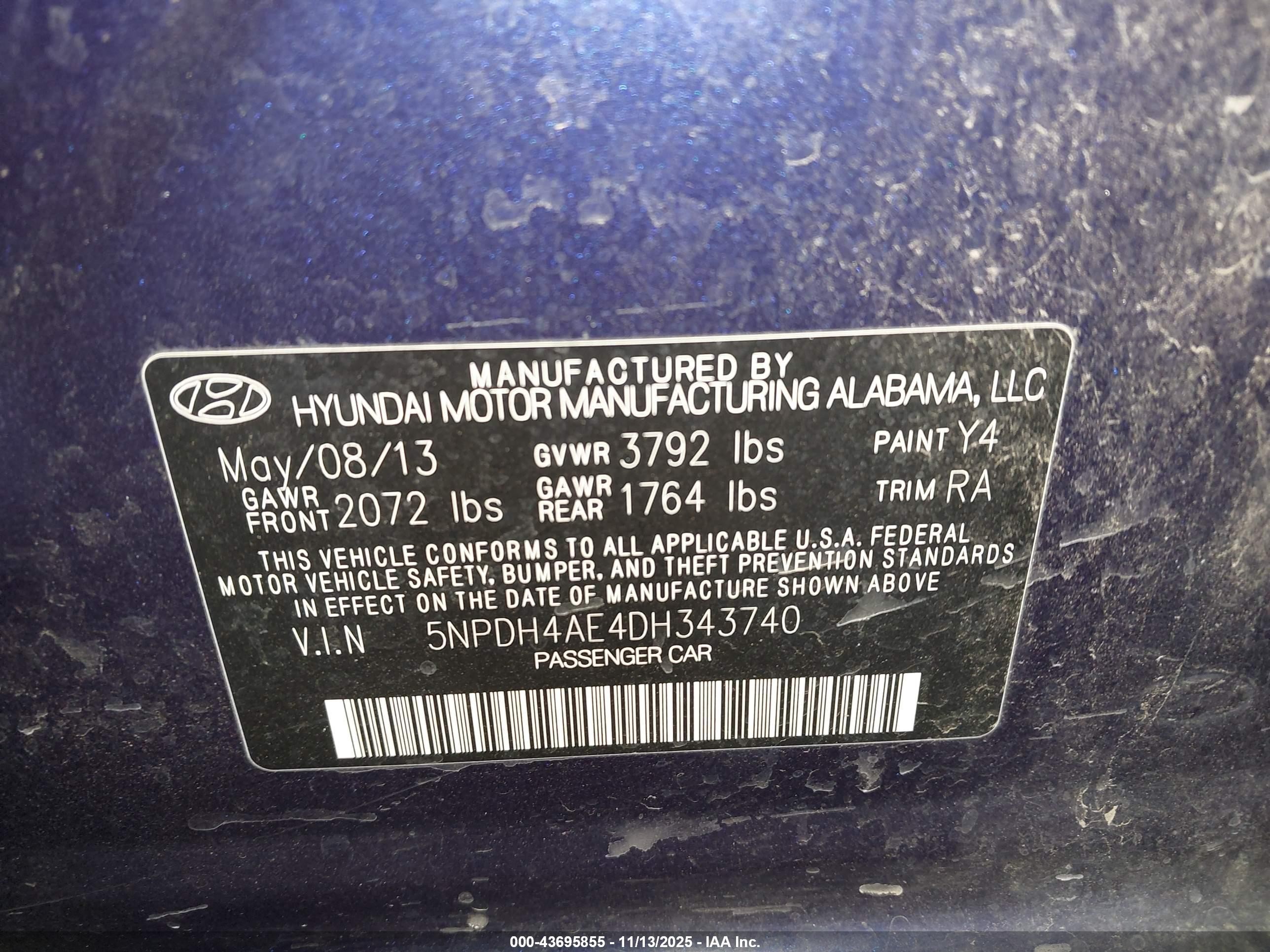 2013 Hyundai Elantra Gls Blue vin: 5NPDH4AE4DH343740