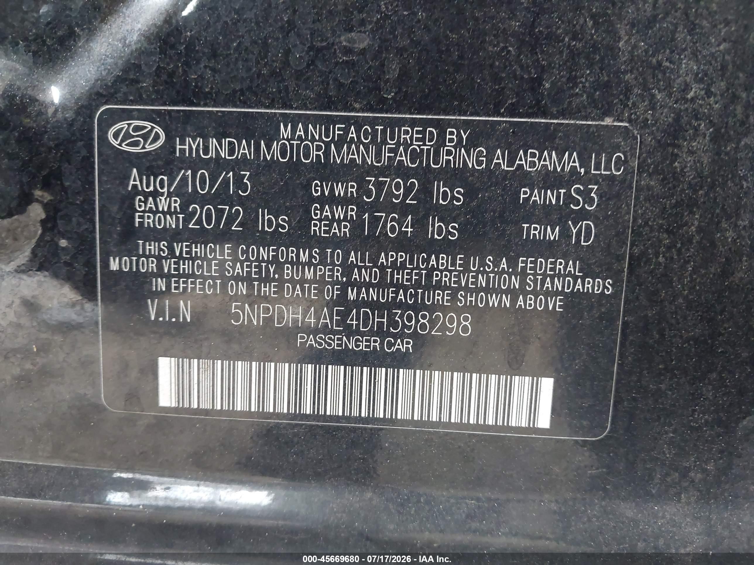 2013 Hyundai Elantra Gls Black vin: 5NPDH4AE4DH398298