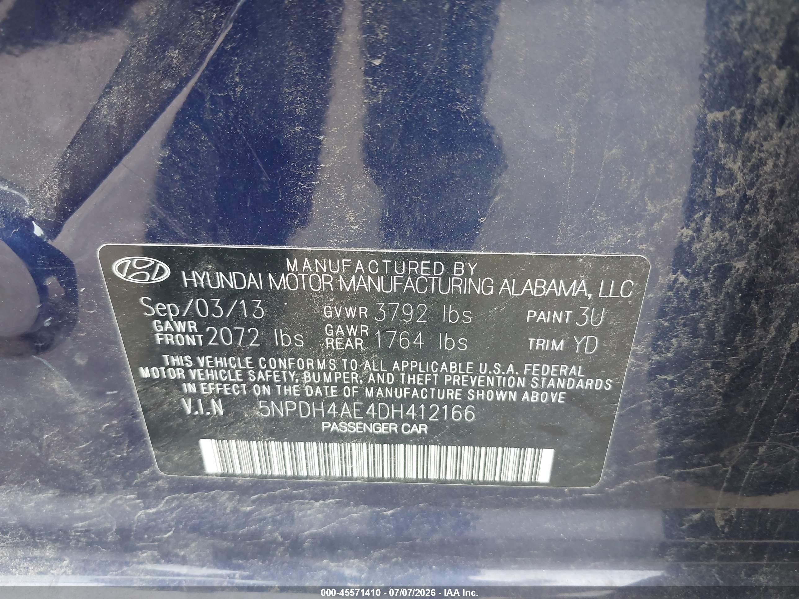 2013 Hyundai Elantra Limited Blue vin: 5NPDH4AE4DH412166