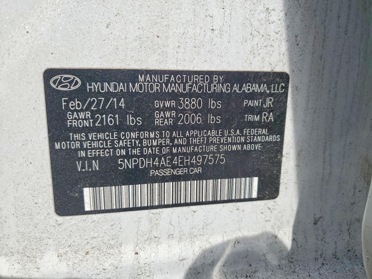2014 Hyundai Elantra Se White vin: 5NPDH4AE4EH497575