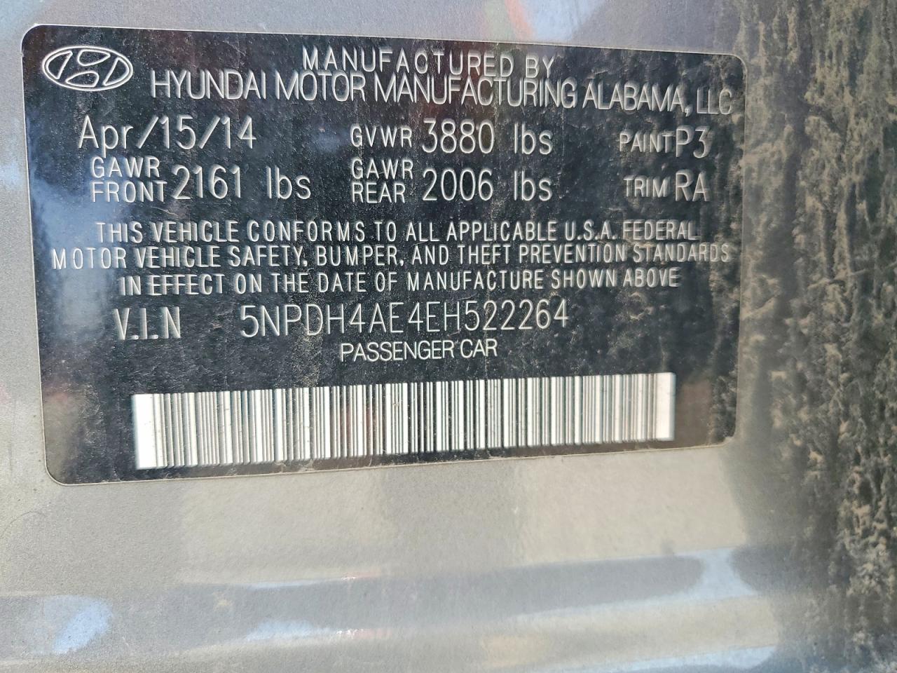 2014 Hyundai Elantra Gray vin: 5NPDH4AE4EH522264