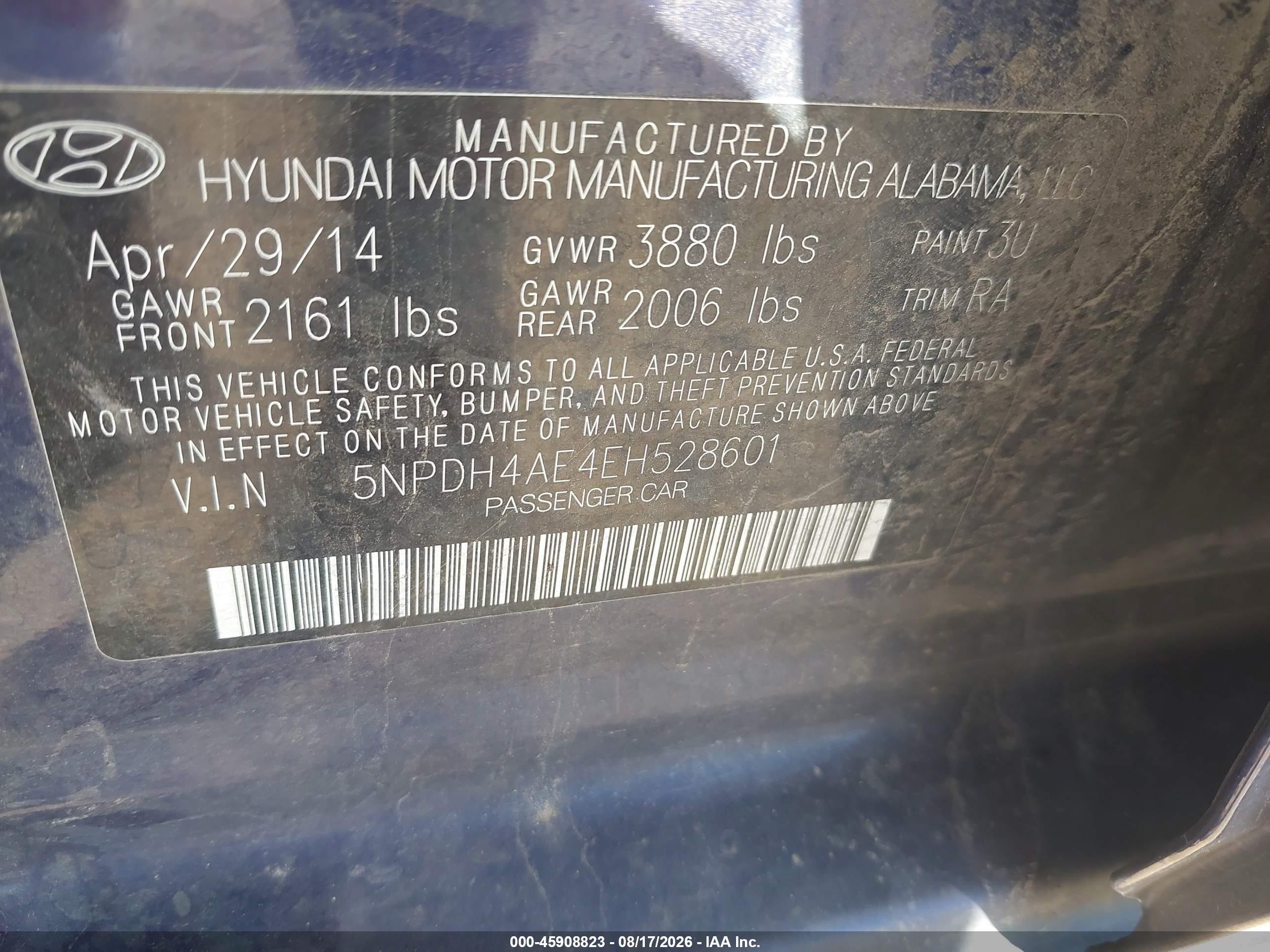 2014 Hyundai Elantra Se Blue vin: 5NPDH4AE4EH528601