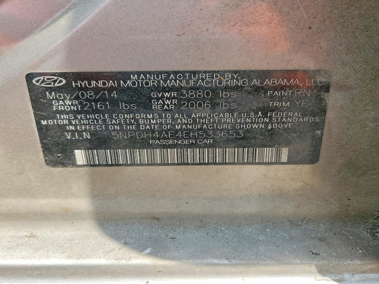 2014 Hyundai Elantra Se Gold vin: 5NPDH4AE4EH533653