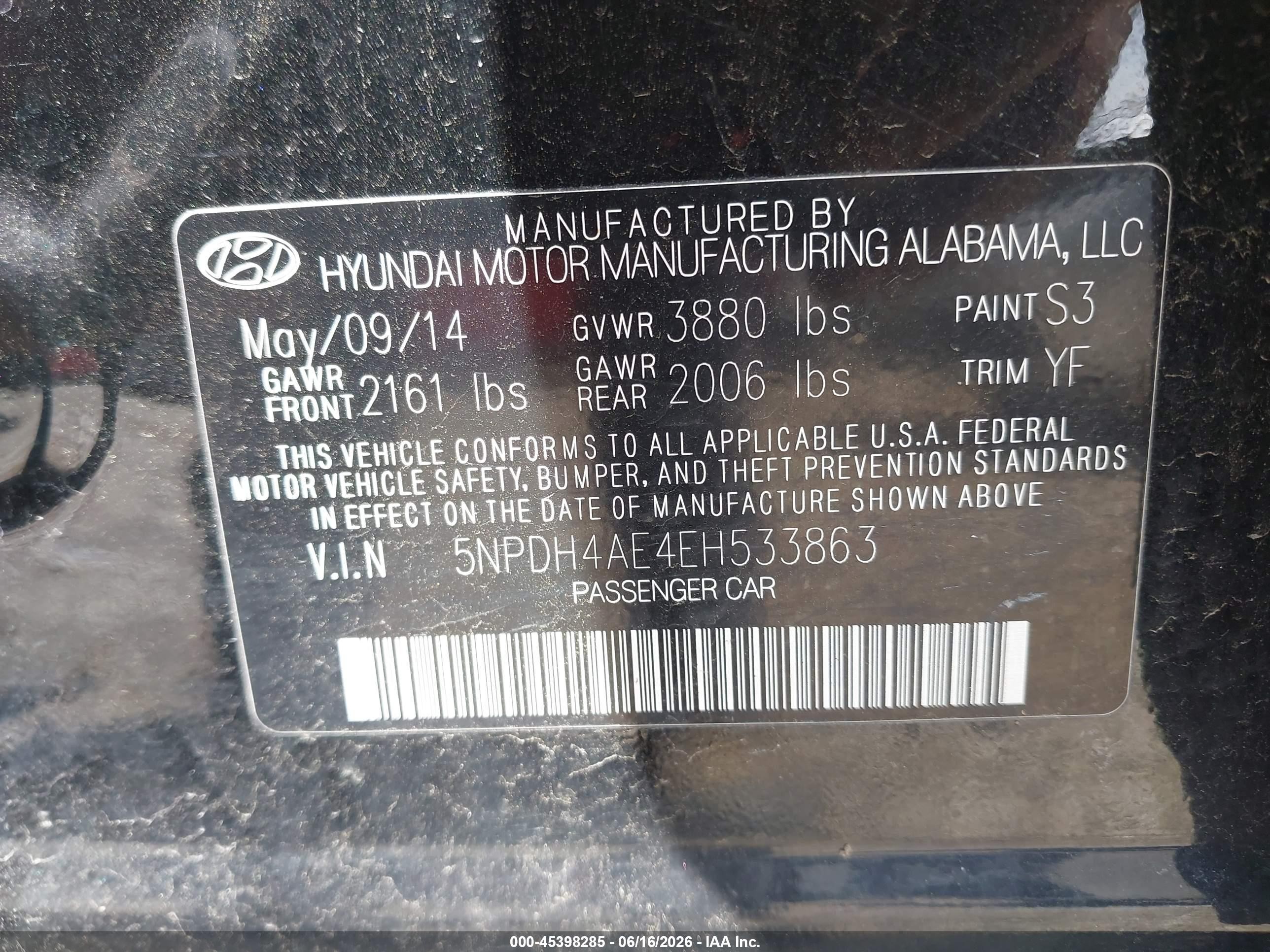 2014 Hyundai Elantra Se Black vin: 5NPDH4AE4EH533863