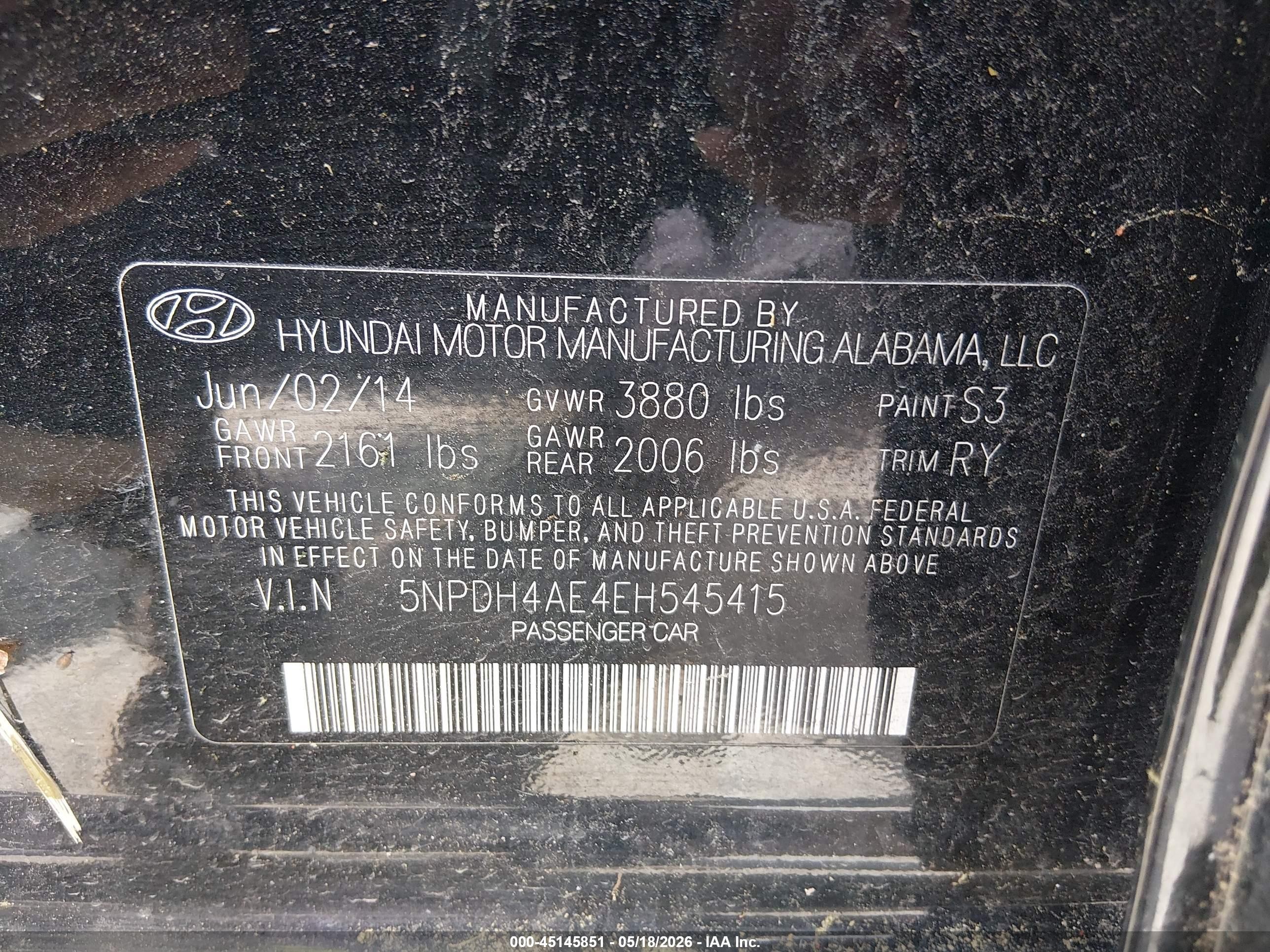 2014 Hyundai Elantra Limited Черный vin: 5NPDH4AE4EH545415