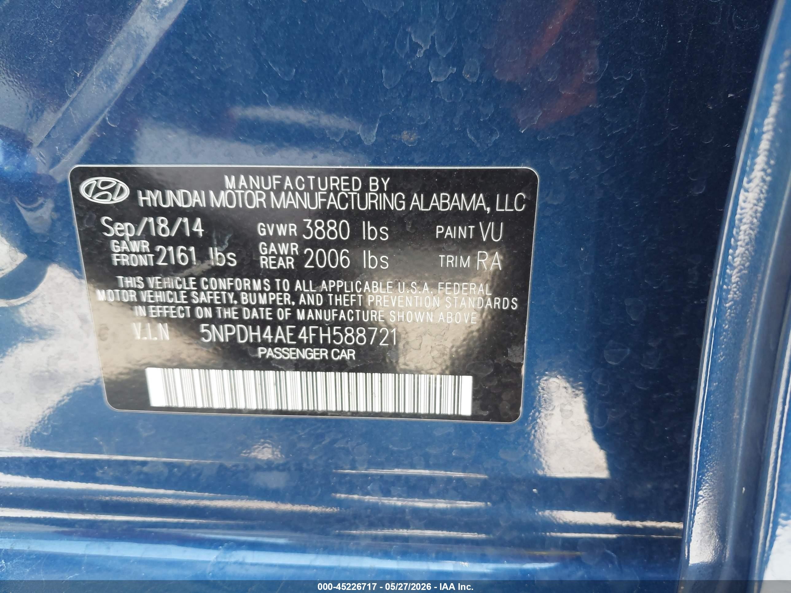 2015 Hyundai Elantra Se Blue vin: 5NPDH4AE4FH588721