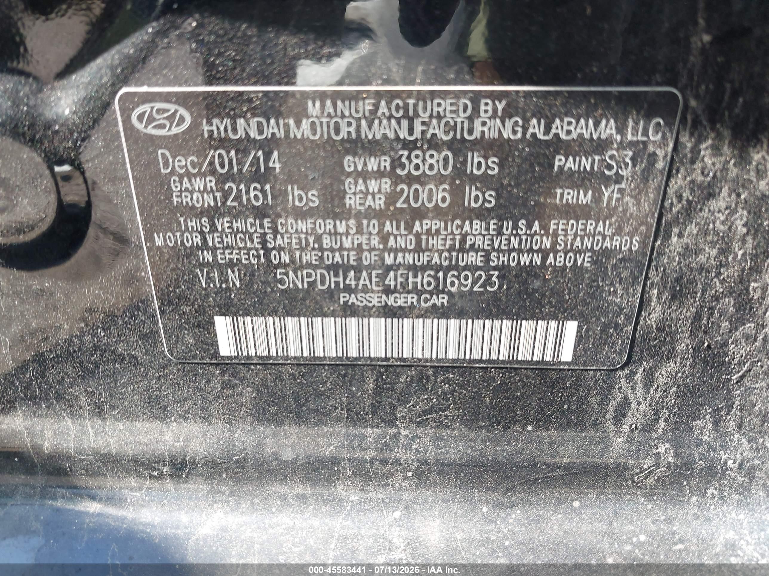 2015 Hyundai Elantra Se Black vin: 5NPDH4AE4FH616923