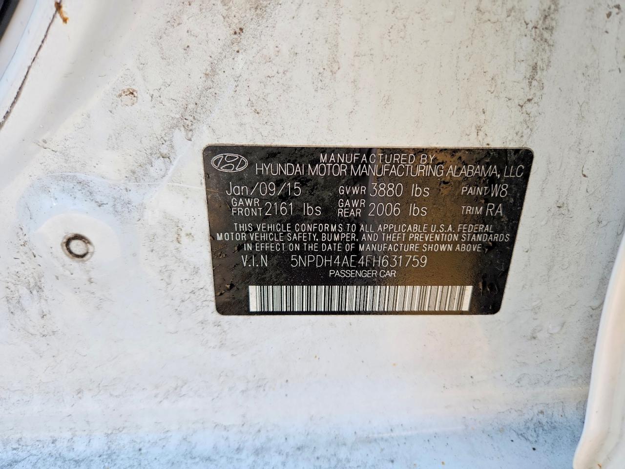 2015 Hyundai Elantra Se White vin: 5NPDH4AE4FH631759