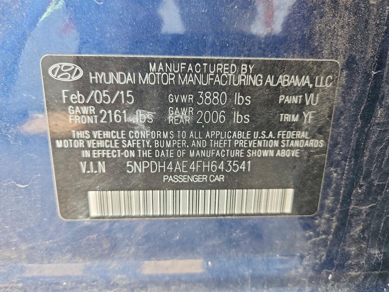 2015 Hyundai Elantra Limited Blue vin: 5NPDH4AE4FH643541