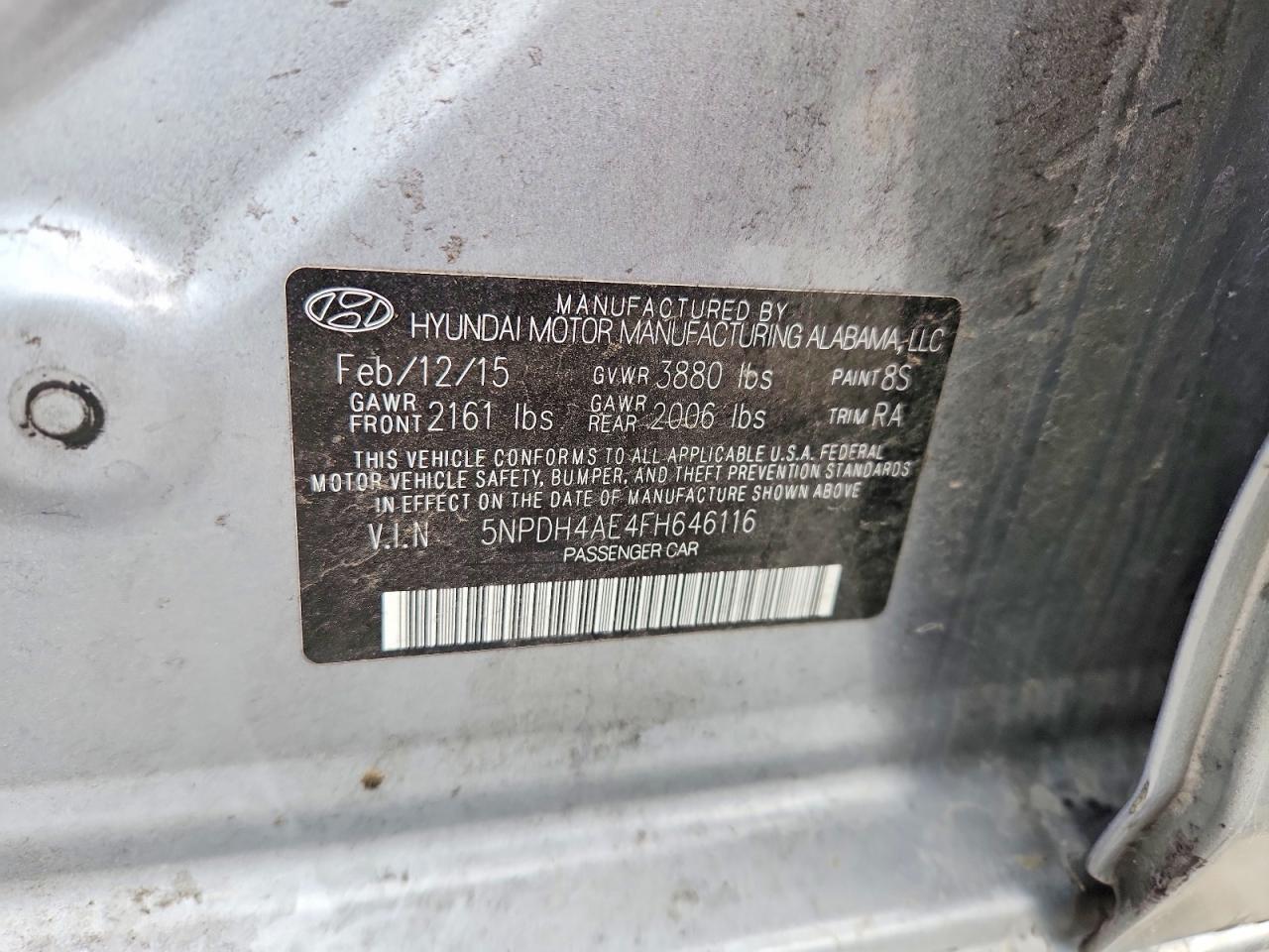 2015 Hyundai Elantra Se Gray vin: 5NPDH4AE4FH646116