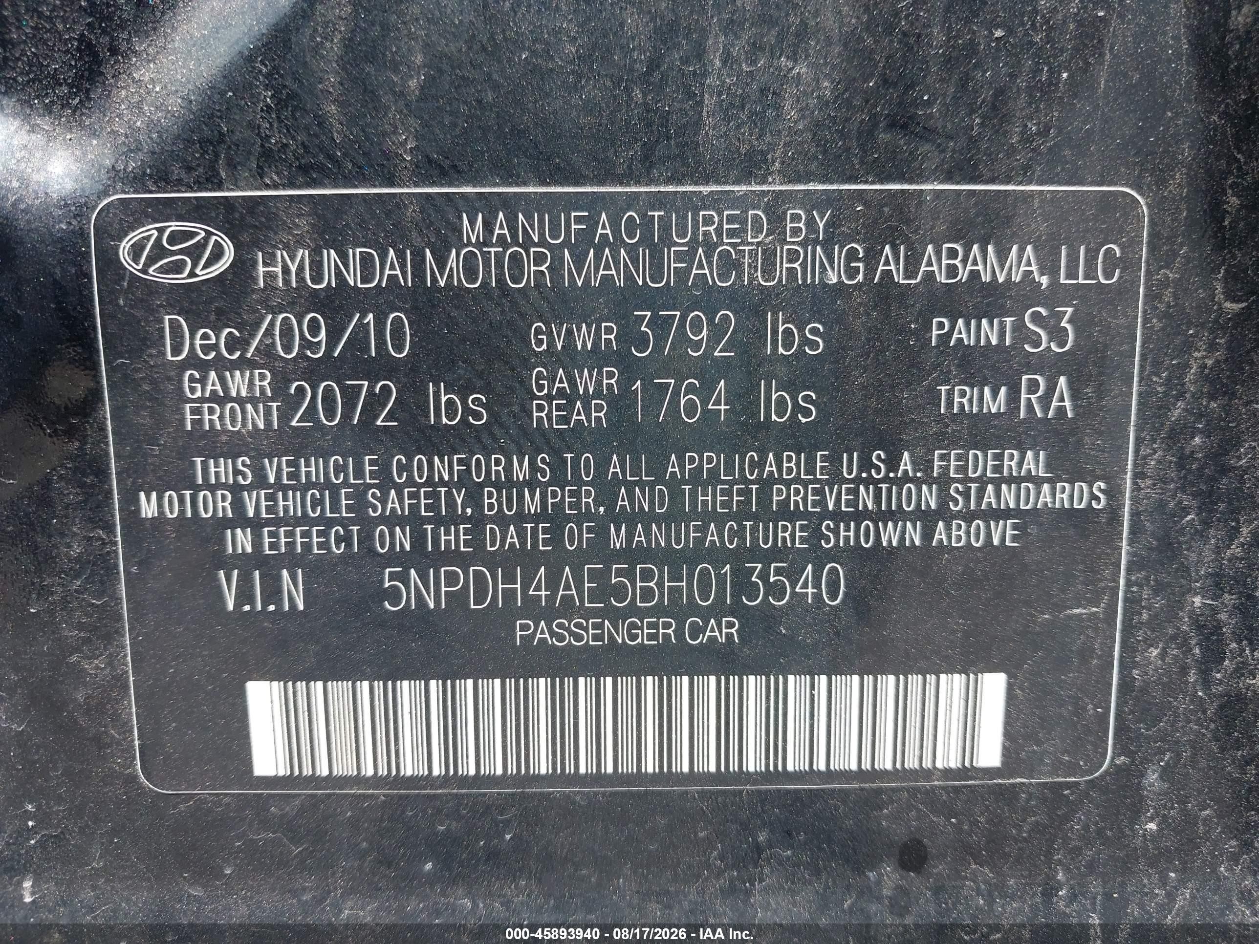 2011 Hyundai Elantra Limited Black vin: 5NPDH4AE5BH013540