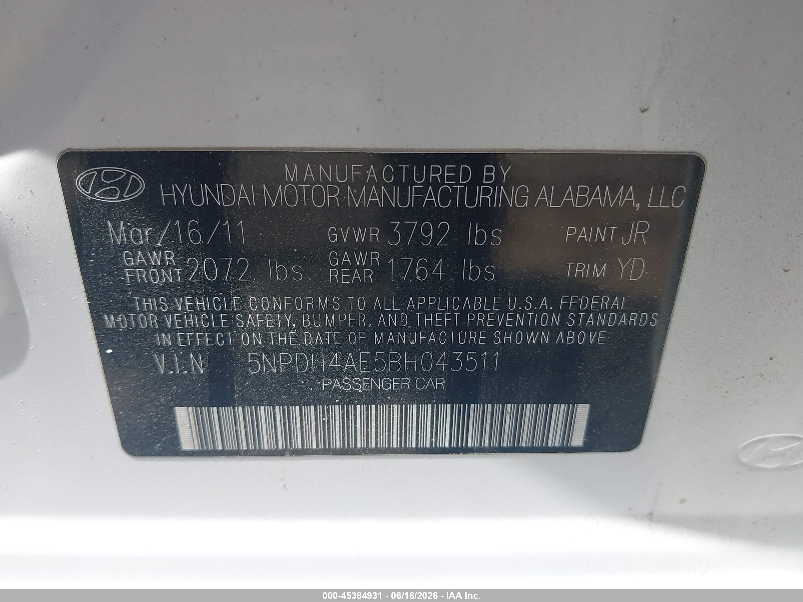 2011 Hyundai Elantra Gls White vin: 5NPDH4AE5BH043511