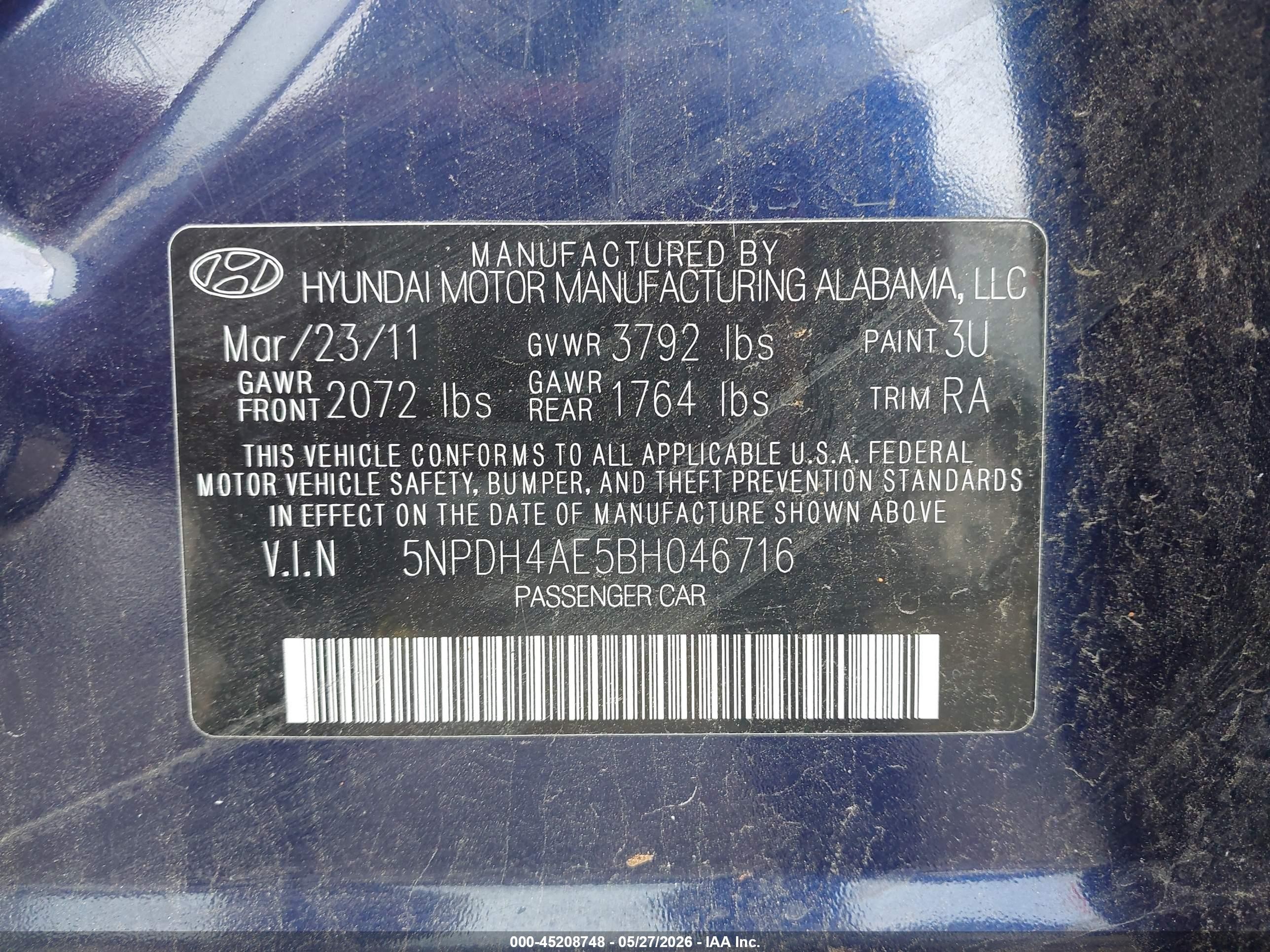 2011 Hyundai Elantra Limited Blue vin: 5NPDH4AE5BH046716