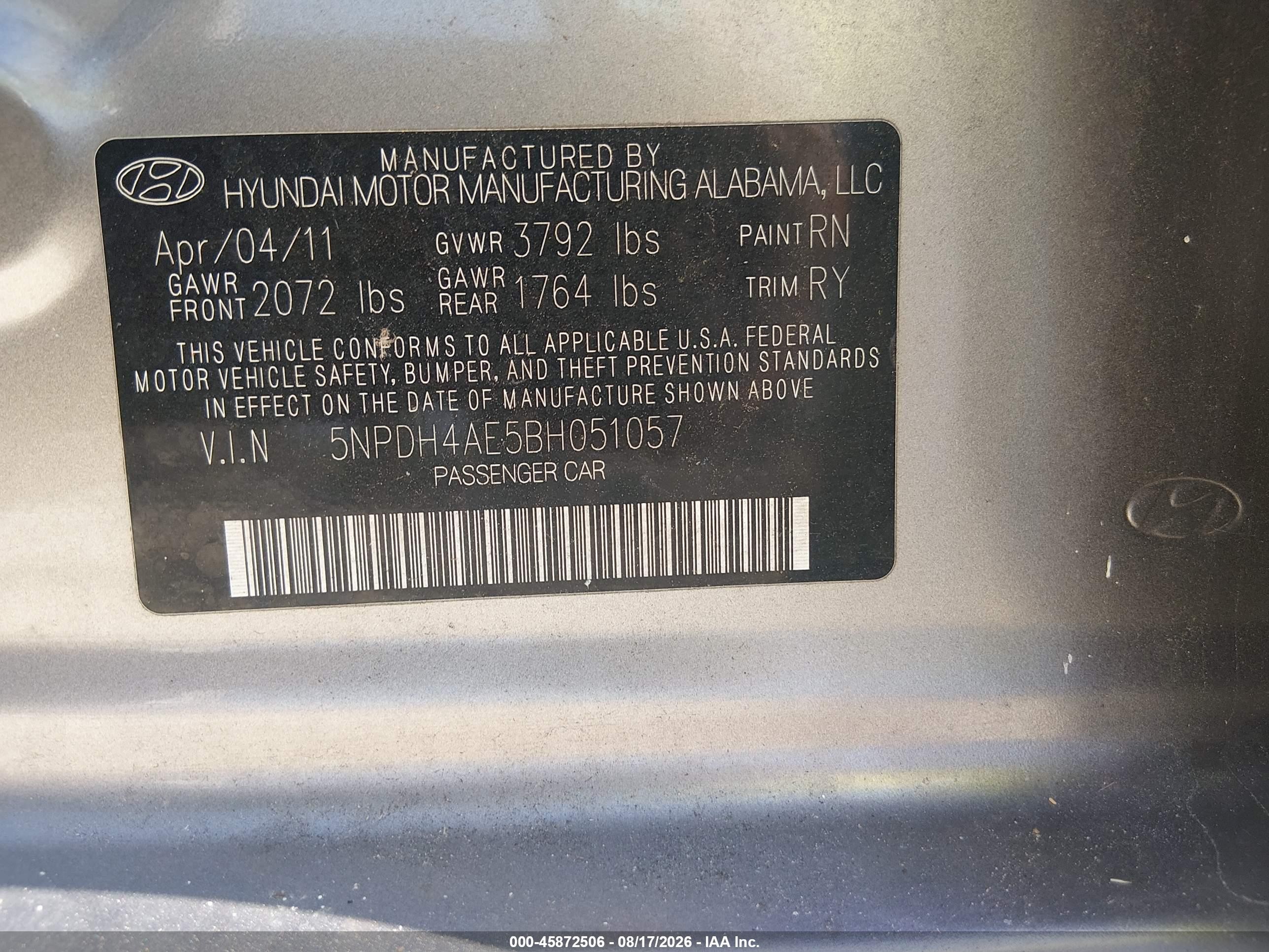 2011 Hyundai Elantra Limited Gray vin: 5NPDH4AE5BH051057