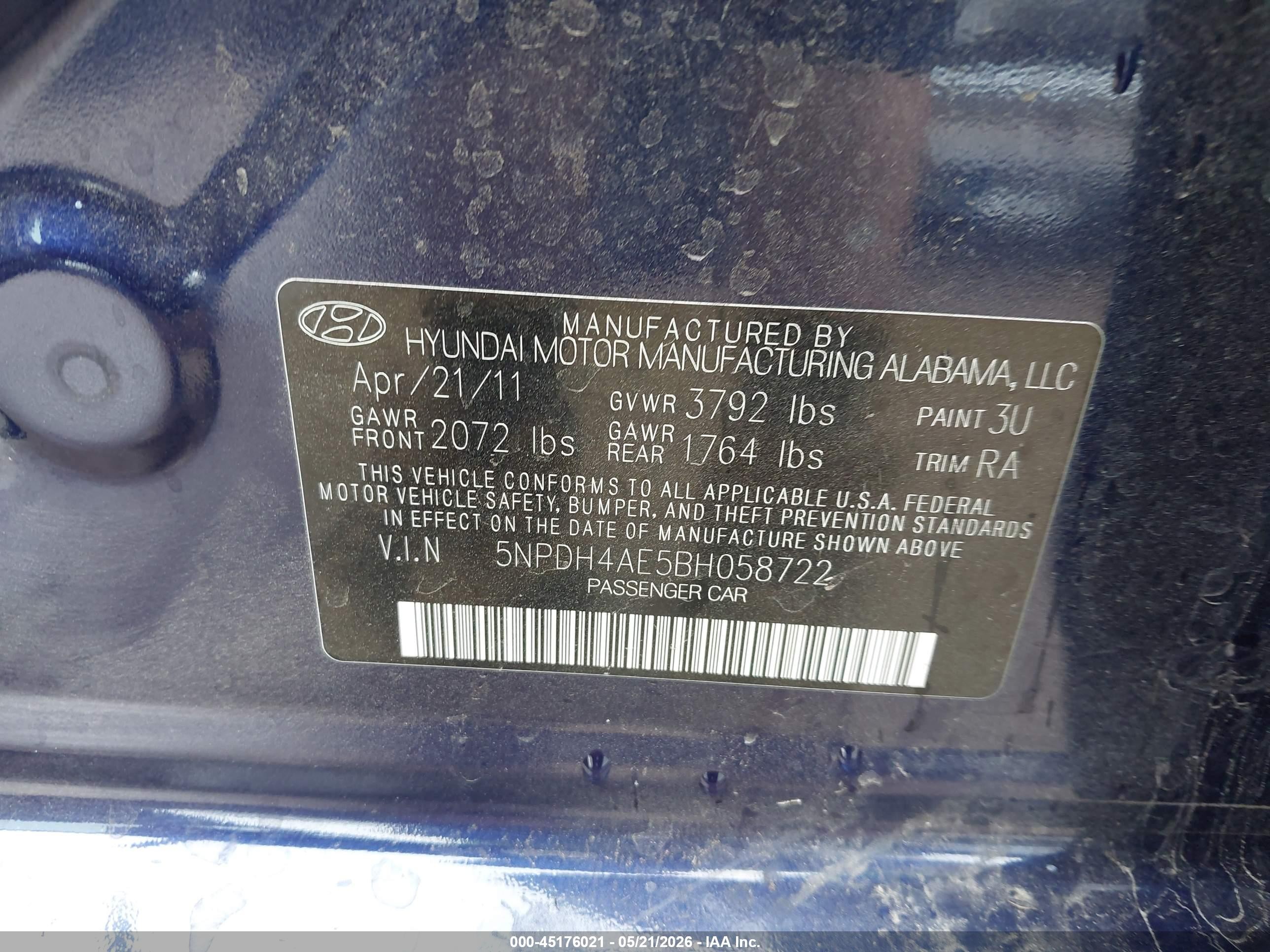 2011 Hyundai Elantra Gls Blue vin: 5NPDH4AE5BH058722