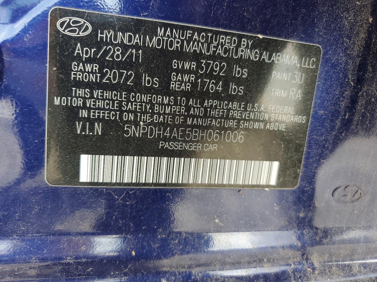 2011 Hyundai Elantra Gls Blue vin: 5NPDH4AE5BH061006