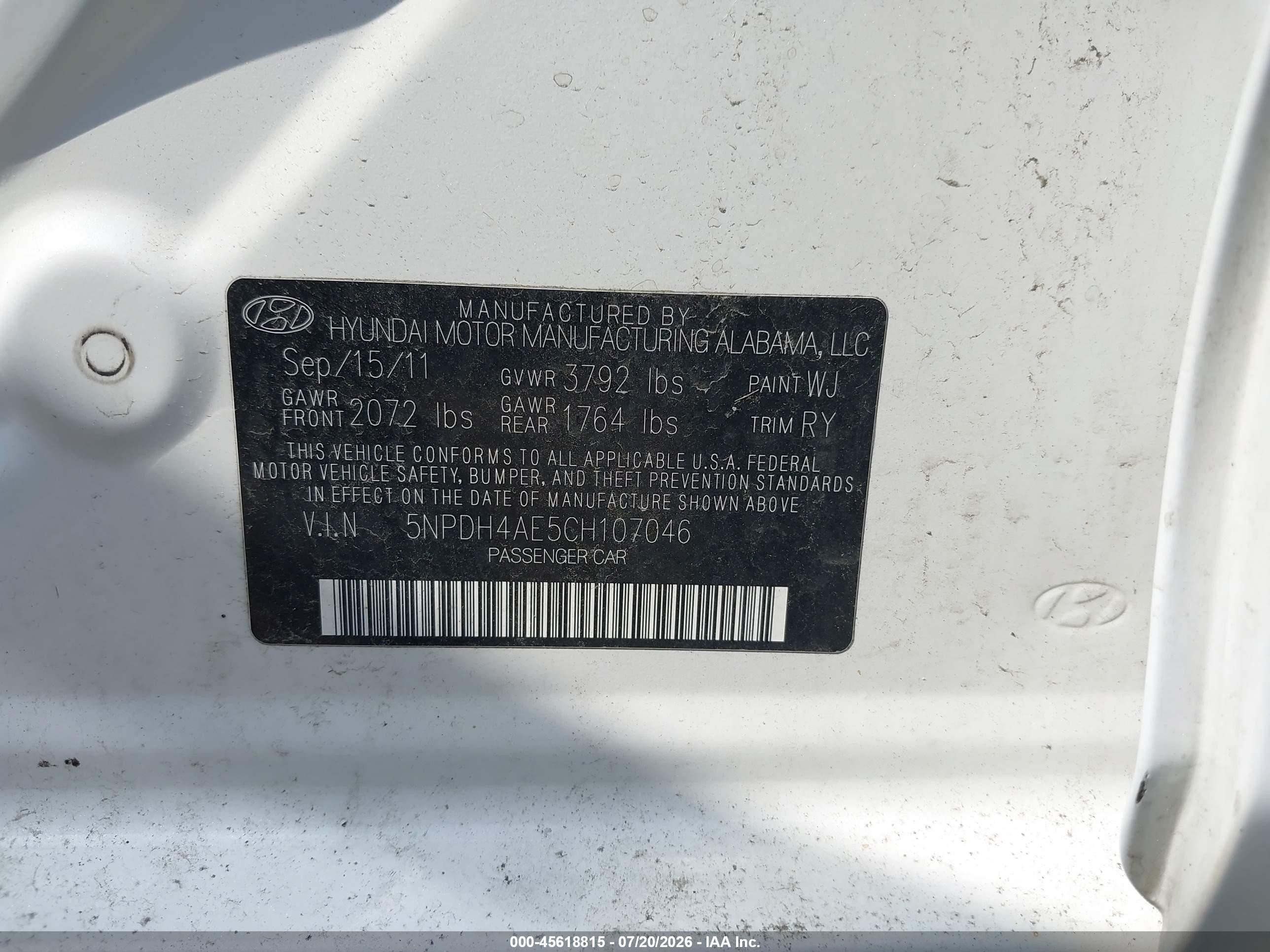 2012 Hyundai Elantra Limited Blue vin: 5NPDH4AE5CH107046