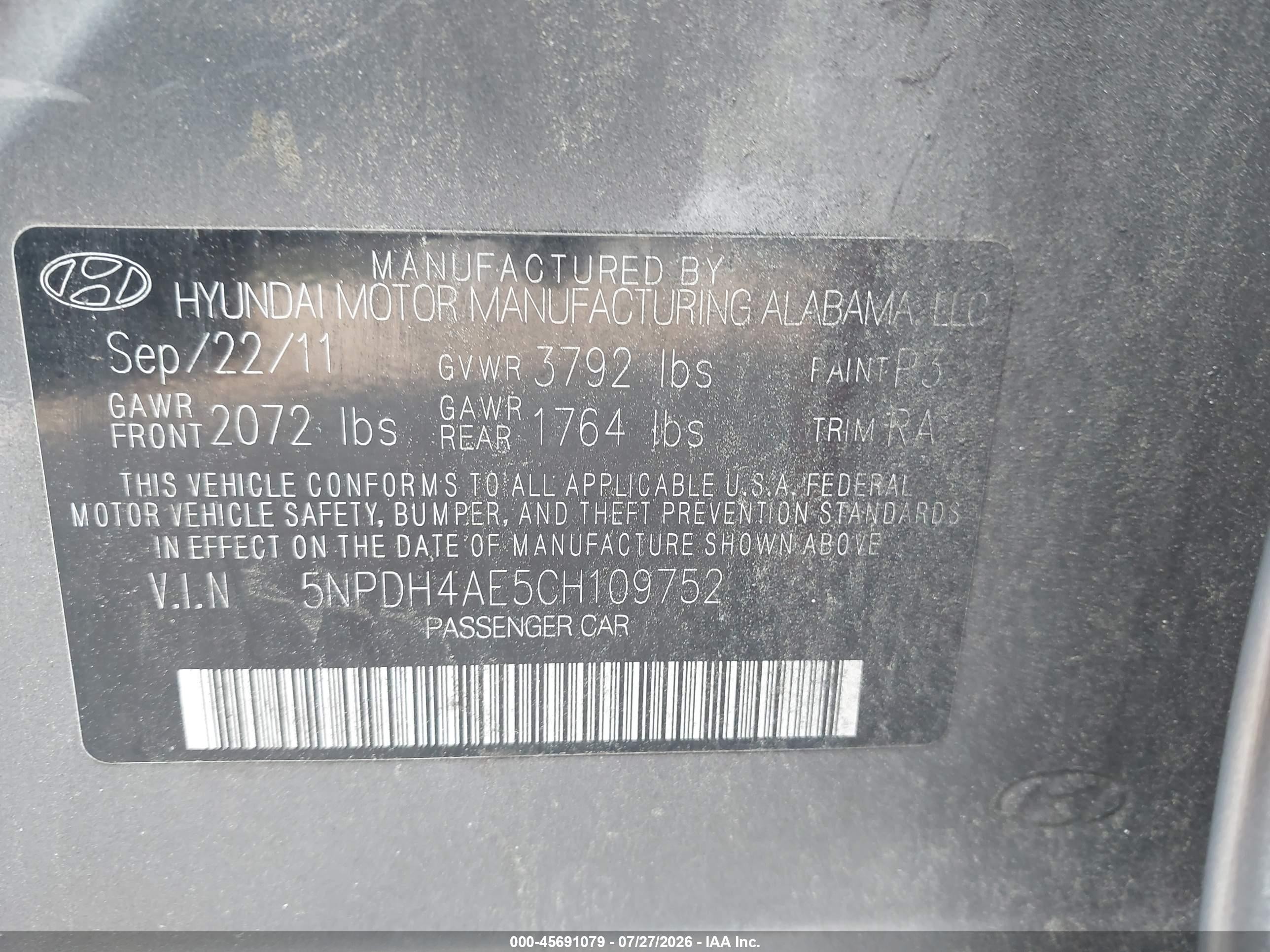2012 Hyundai Elantra Gls Gray vin: 5NPDH4AE5CH109752