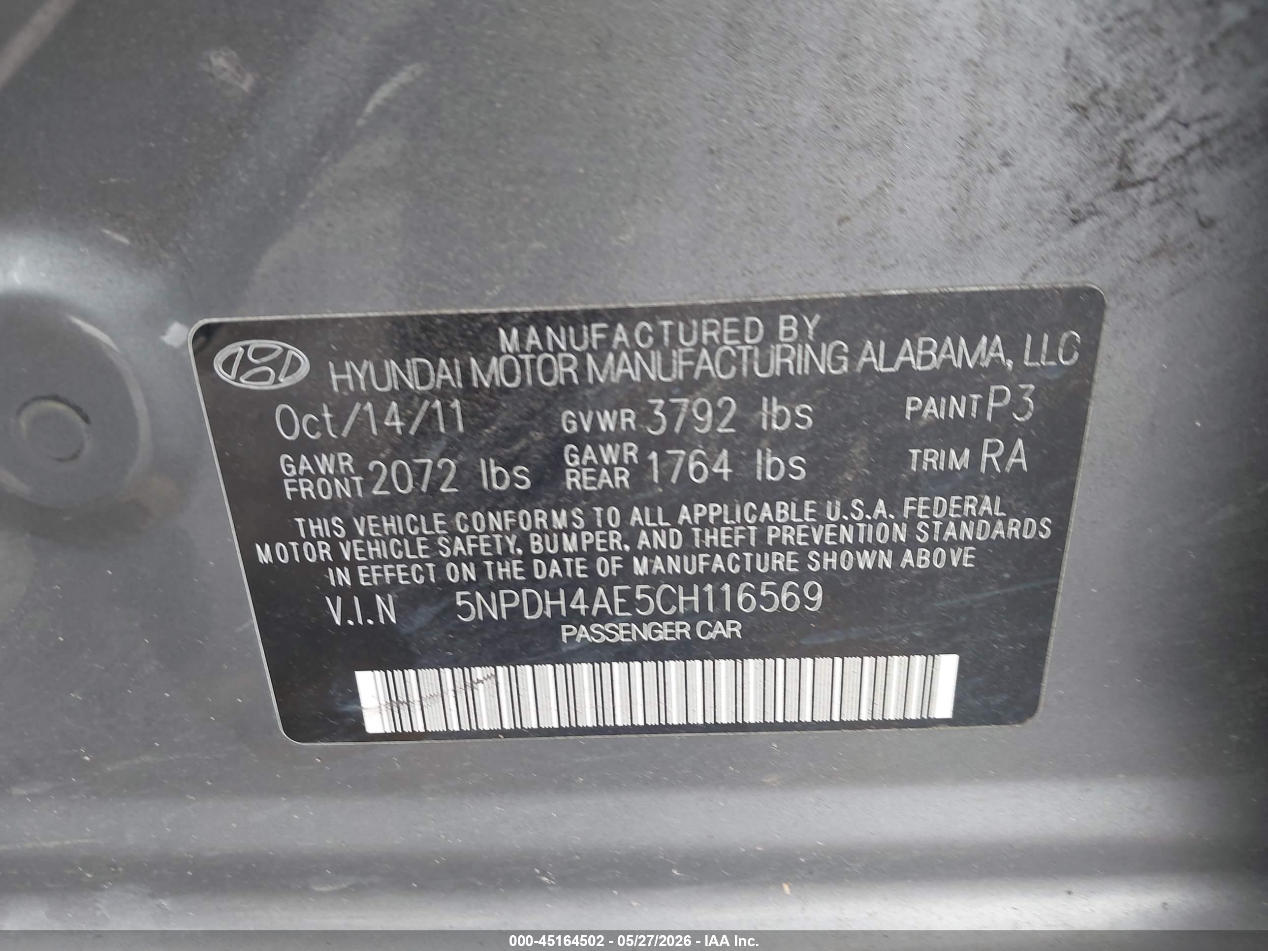 2012 Hyundai Elantra Limited Gray vin: 5NPDH4AE5CH116569
