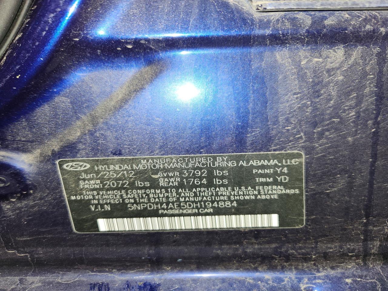 2013 Hyundai Elantra Gls Blue vin: 5NPDH4AE5DH194884