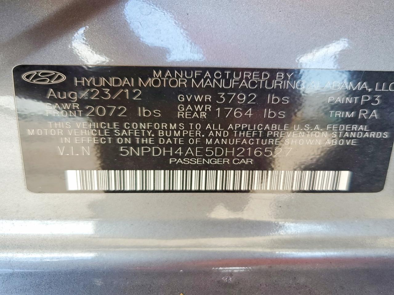 2013 Hyundai Elantra Gls Gray vin: 5NPDH4AE5DH216527