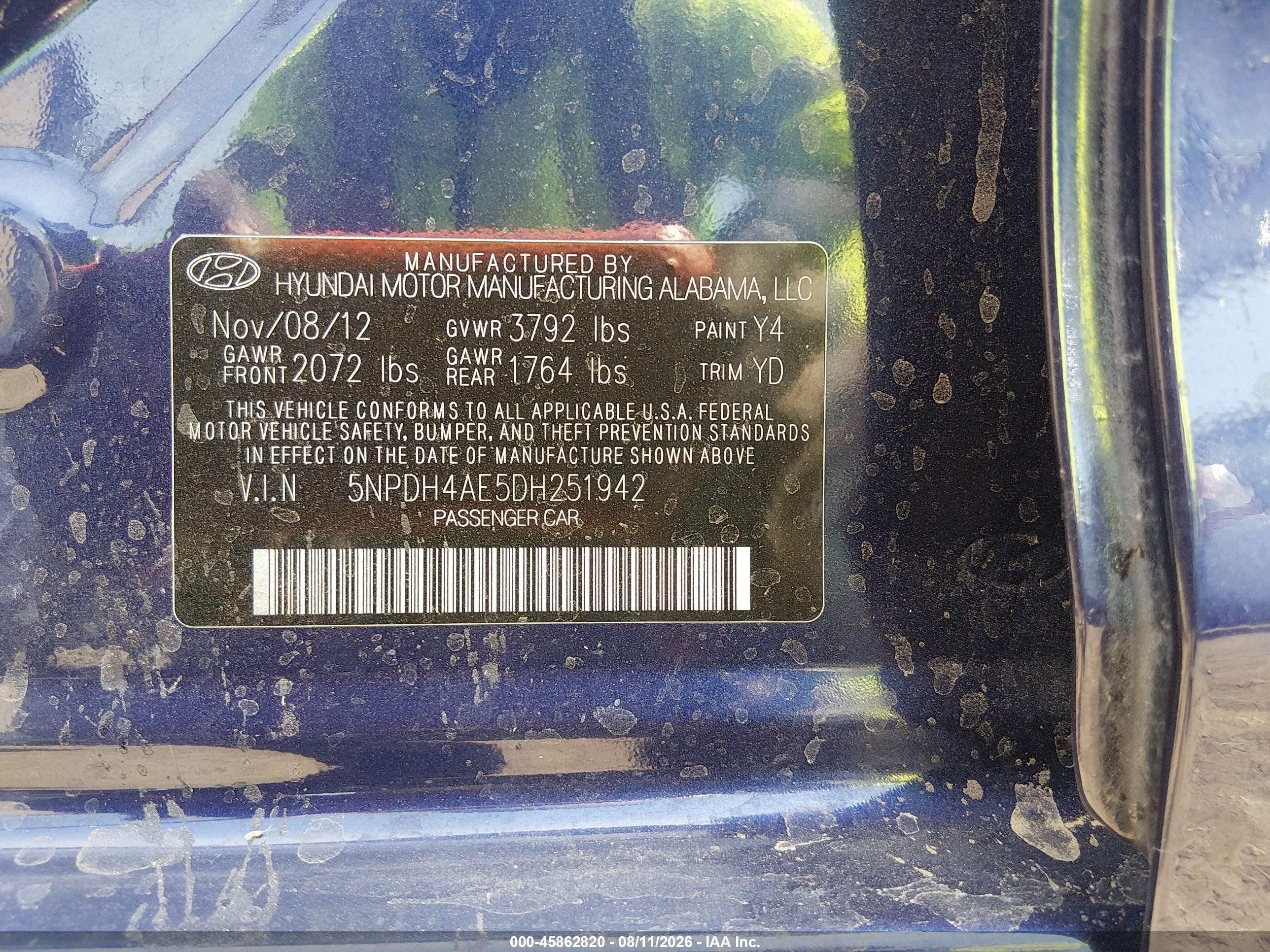 2013 Hyundai Elantra Limited Blue vin: 5NPDH4AE5DH251942