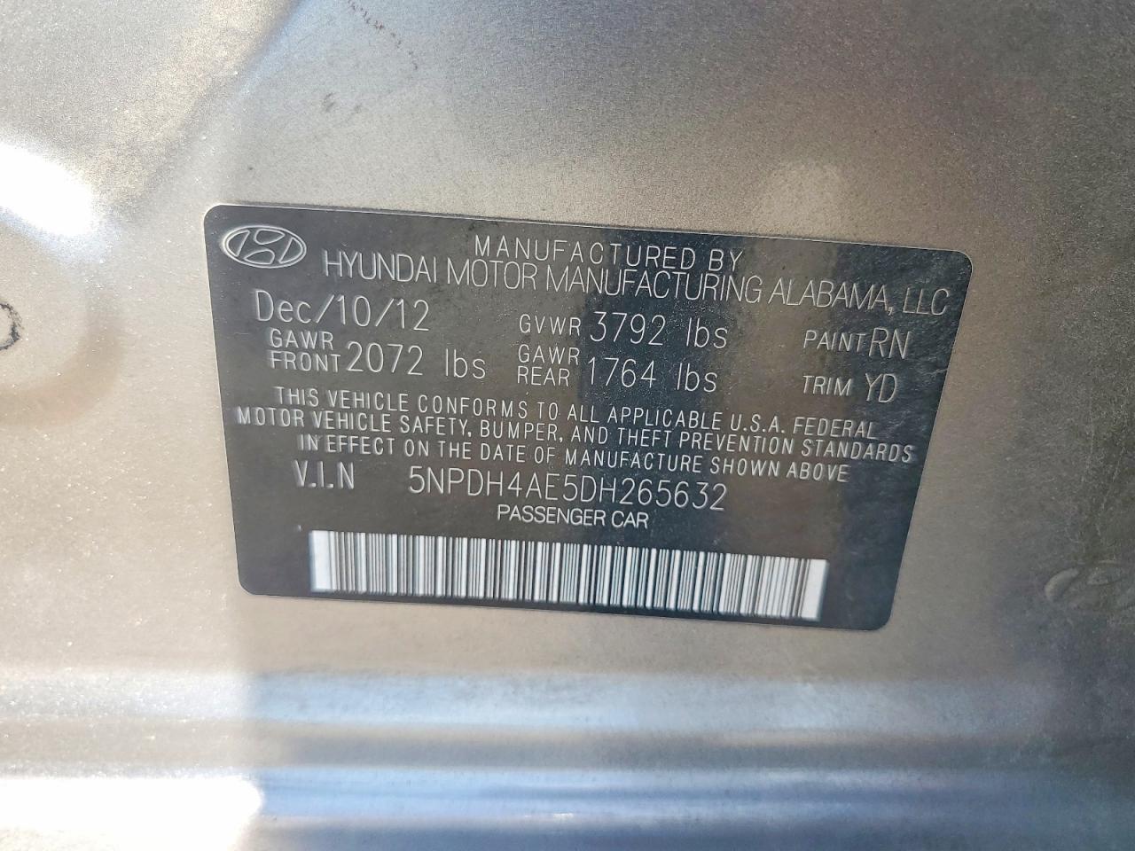 2013 Hyundai Elantra Gls Gold vin: 5NPDH4AE5DH265632
