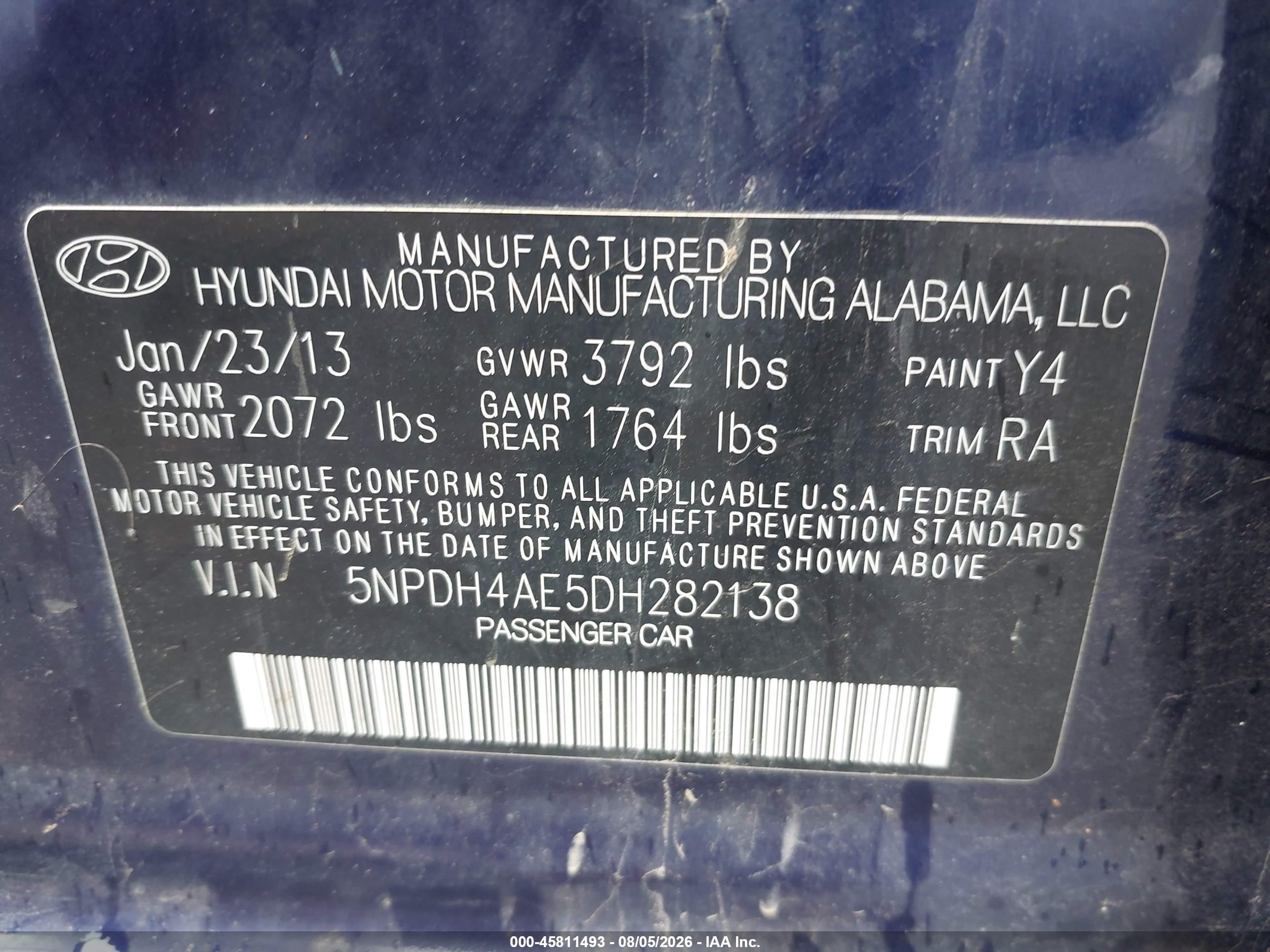 2013 Hyundai Elantra Gls/limited Blue vin: 5NPDH4AE5DH282138