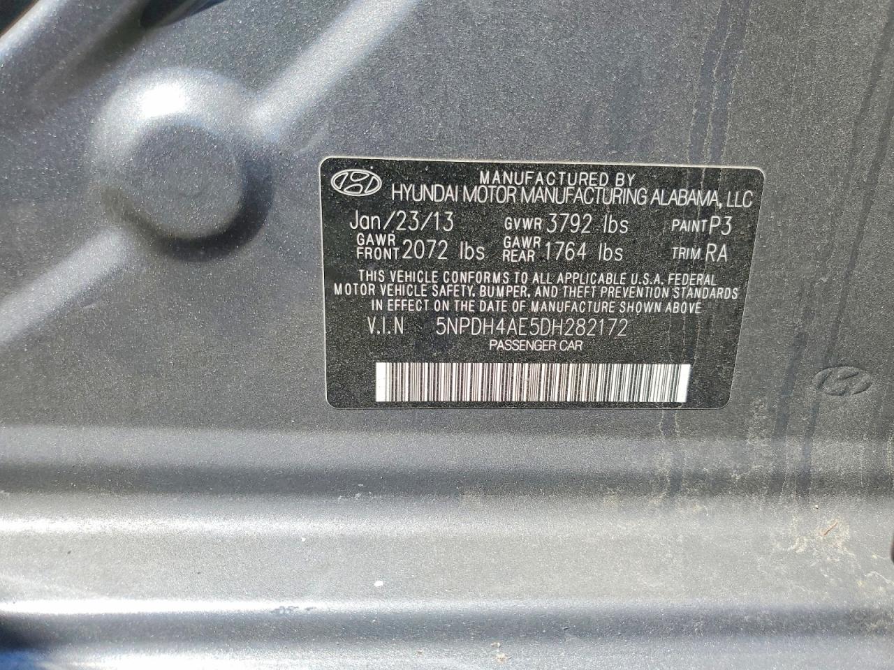 2013 Hyundai Elantra Limited Gray vin: 5NPDH4AE5DH282172