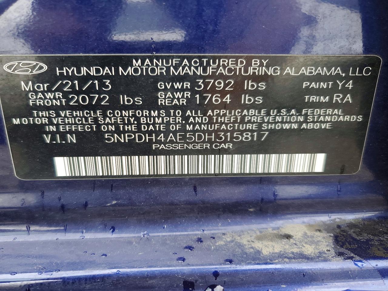 2013 Hyundai Elantra Gls Blue vin: 5NPDH4AE5DH315817