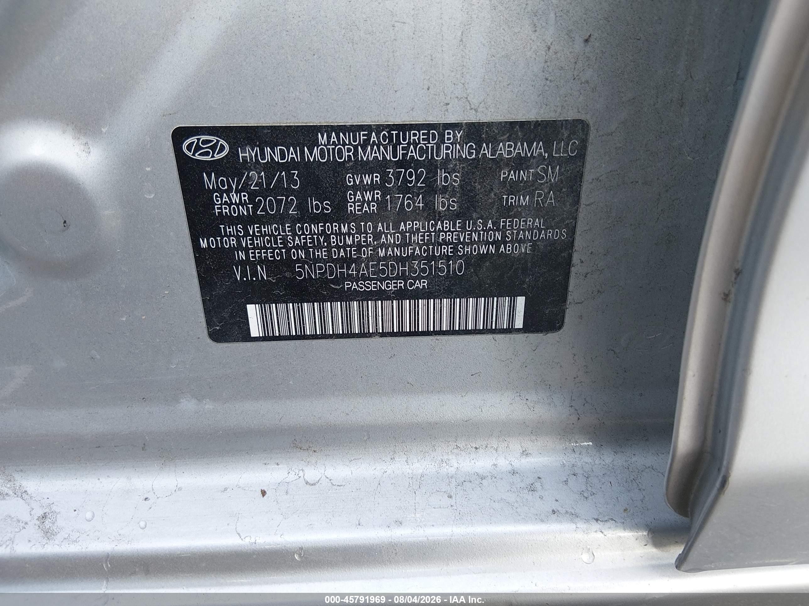 2013 Hyundai Elantra Gls vin: 5NPDH4AE5DH351510