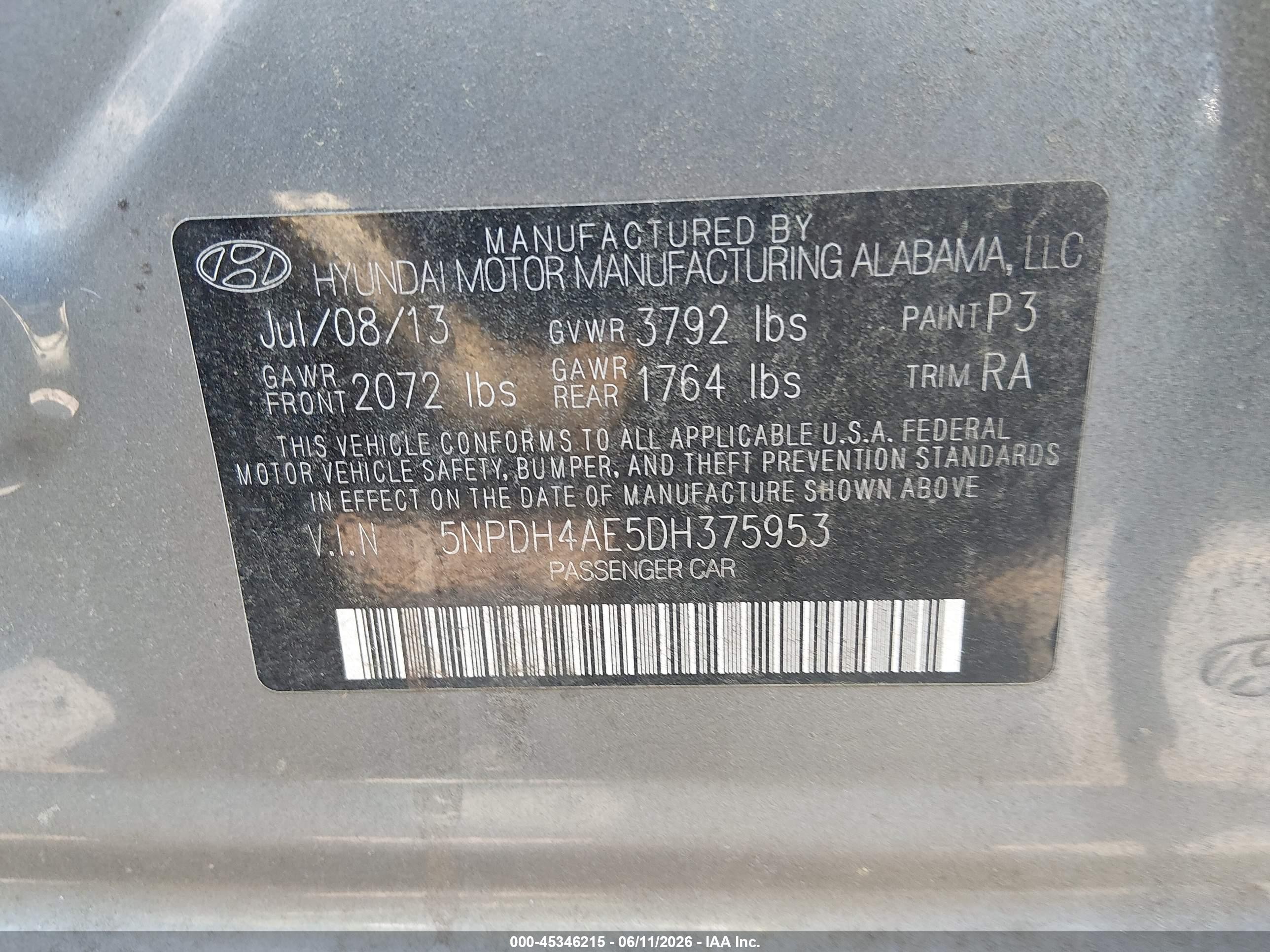 2013 Hyundai Elantra Gls Gray vin: 5NPDH4AE5DH375953
