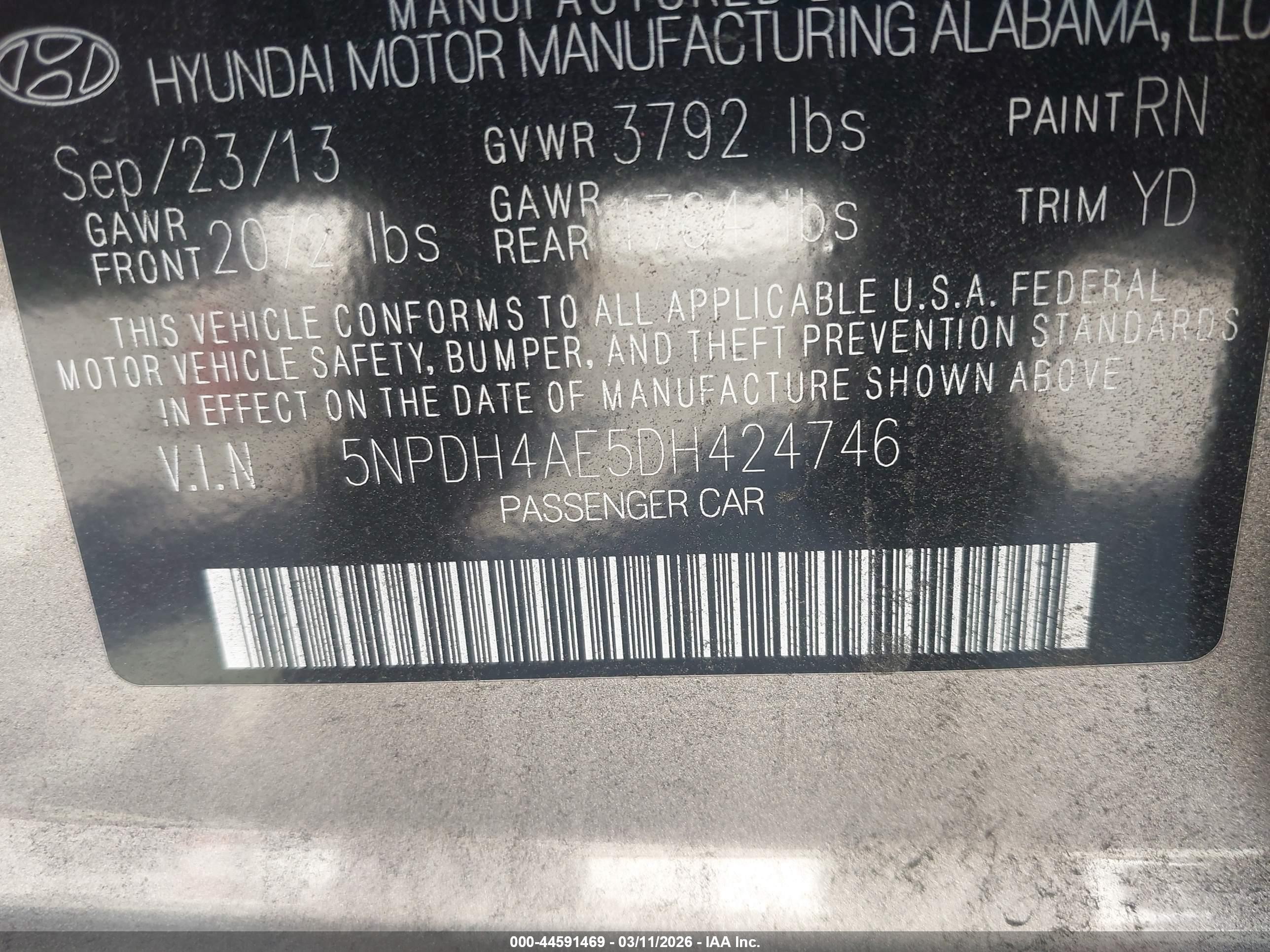 2013 Hyundai Elantra Gls Champagne vin: 5NPDH4AE5DH424746