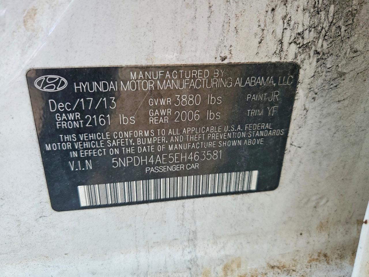 2014 Hyundai Elantra Se White vin: 5NPDH4AE5EH463581